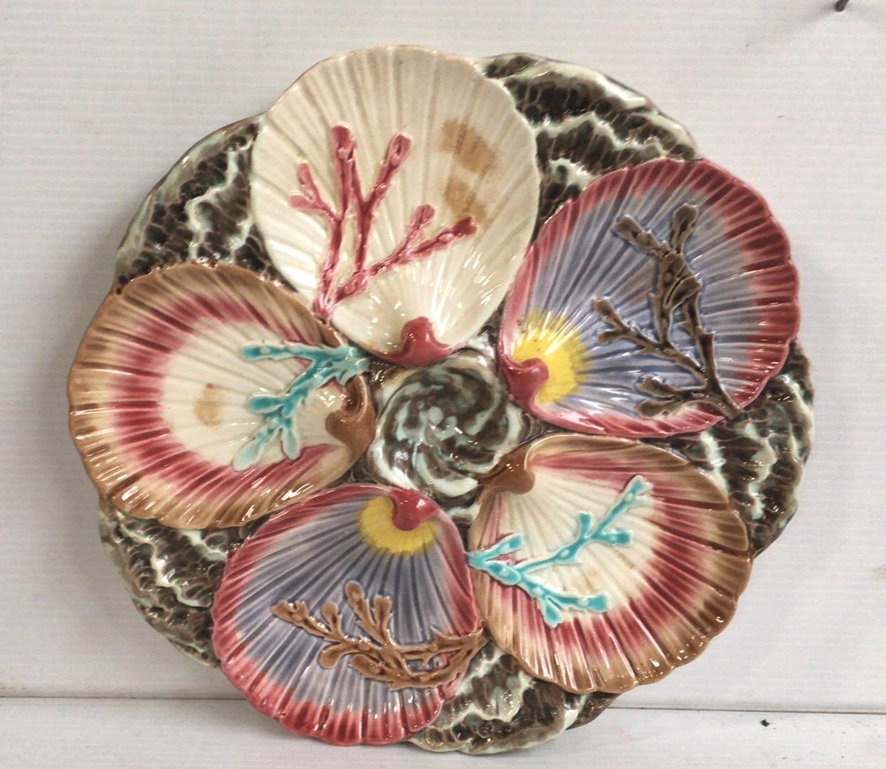 Majolica oyster plate Wedgwood with seaweeds and shells, circa 1880.