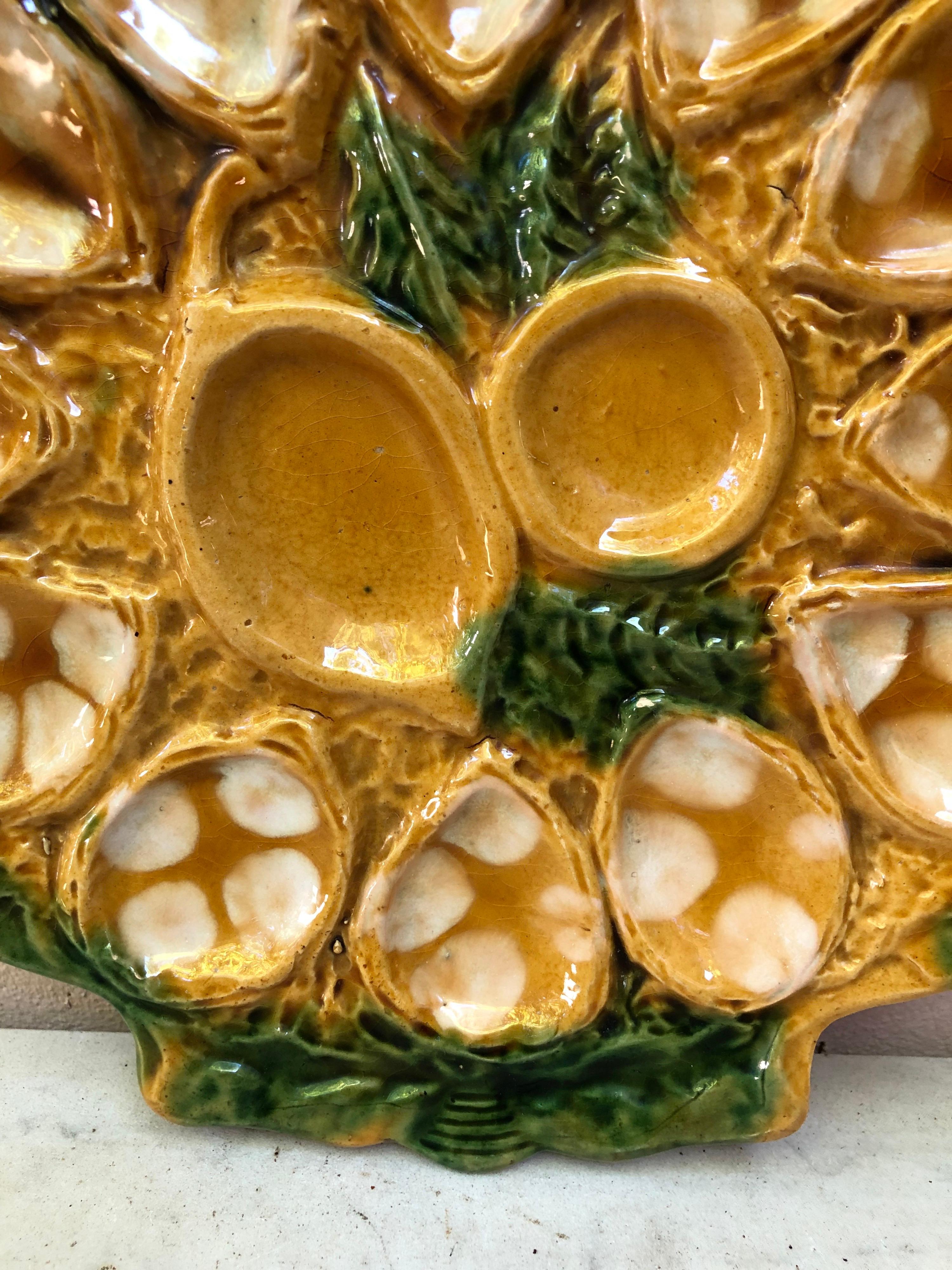 Plato de ostras de mayólica firmado Aetgina Vallauris Circa 1950.