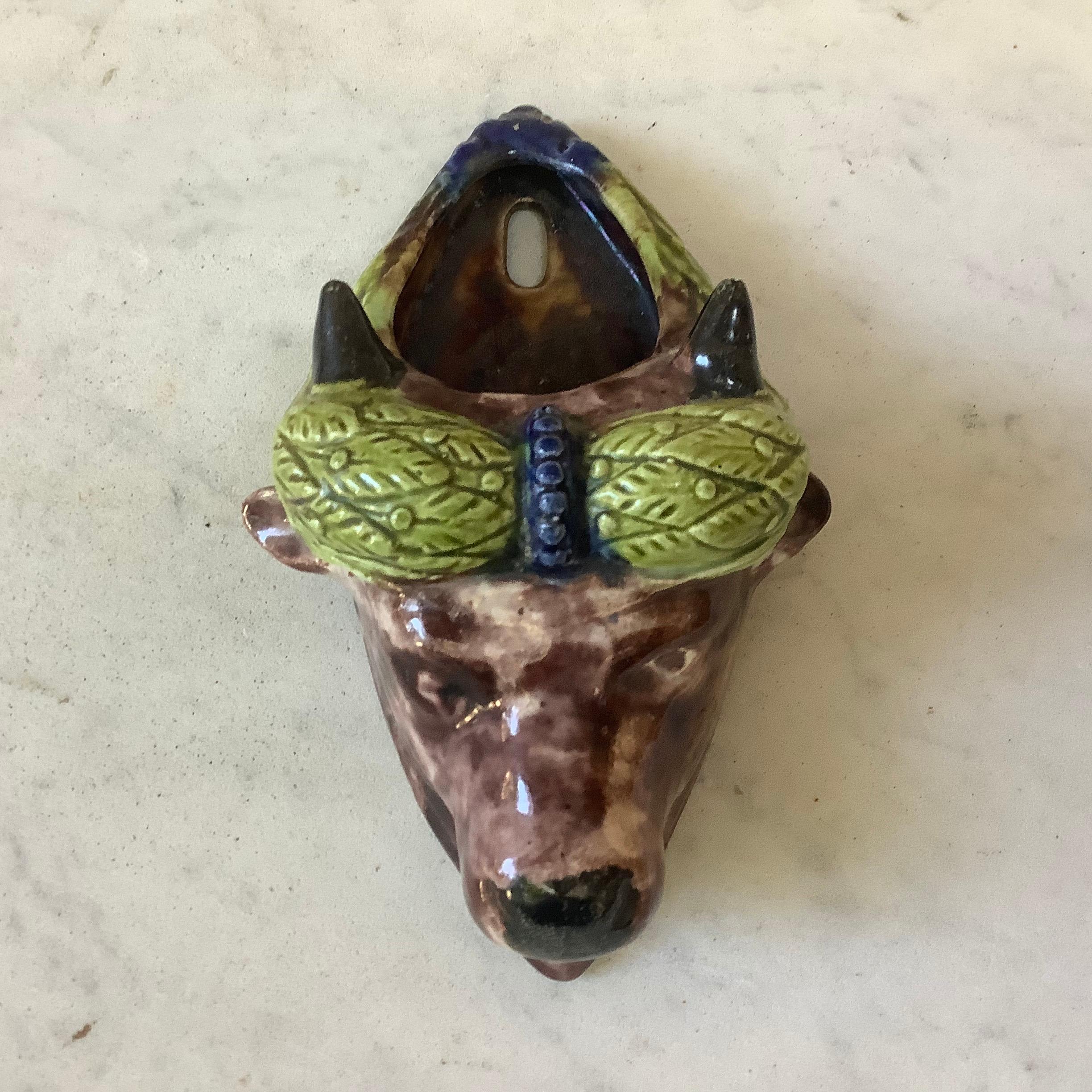 French Provincial Majolica Palissy Bull Head Wall Pocket, circa 1880 For Sale