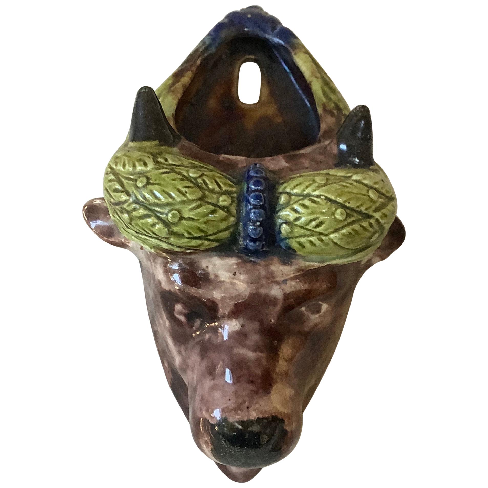 Majolica Palissy Bull Head Wall Pocket, circa 1880 For Sale