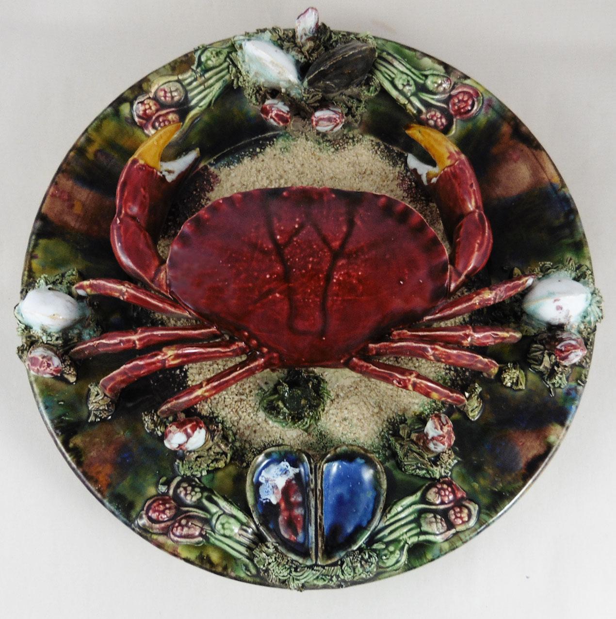 French Majolica Palissy Crab Wall Platter Attributed to Vallauris, circa 1950