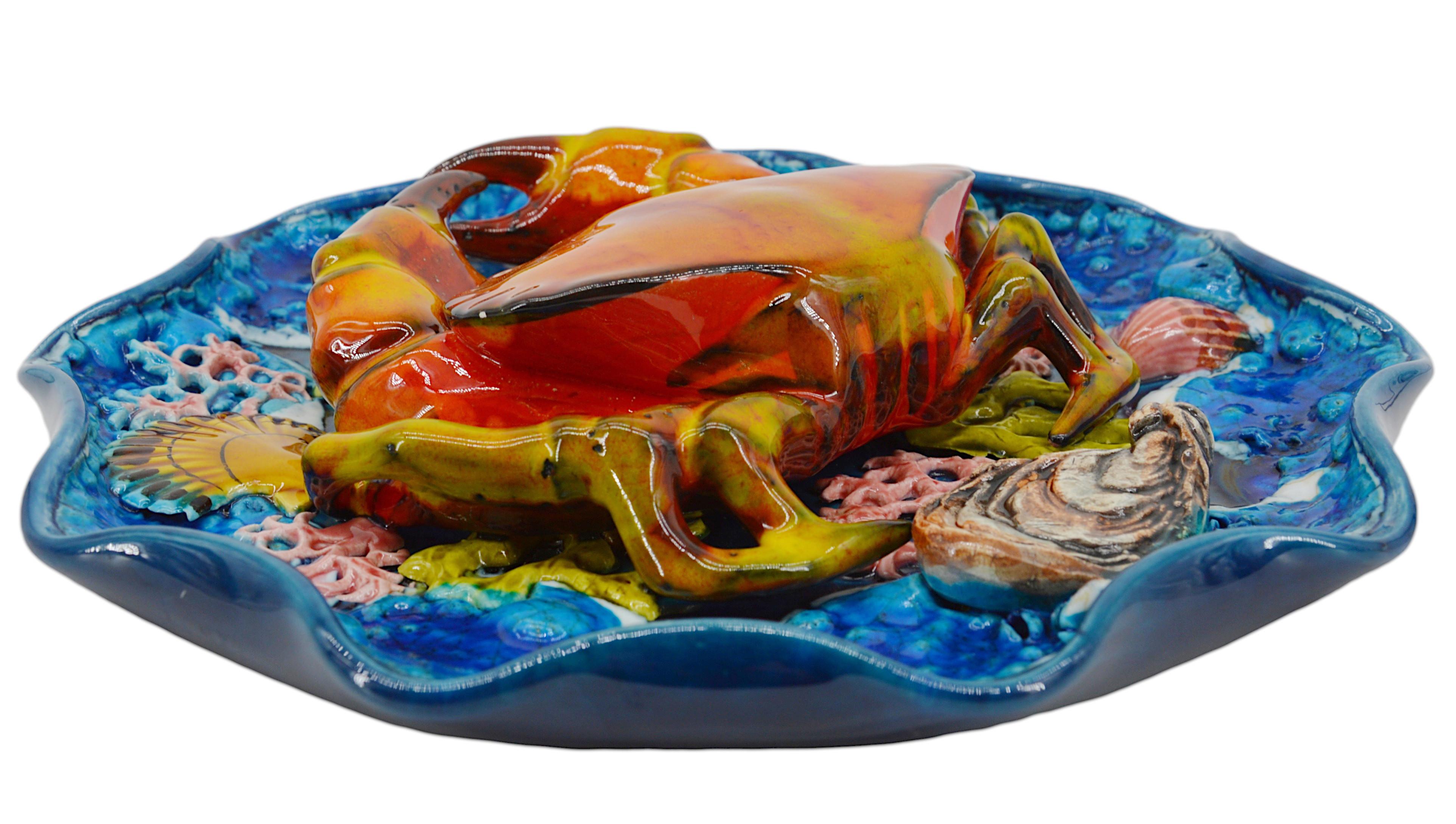 Mid-Century Modern Majolica Palissy Crab Wall Platter Vallauris, 1950 For Sale