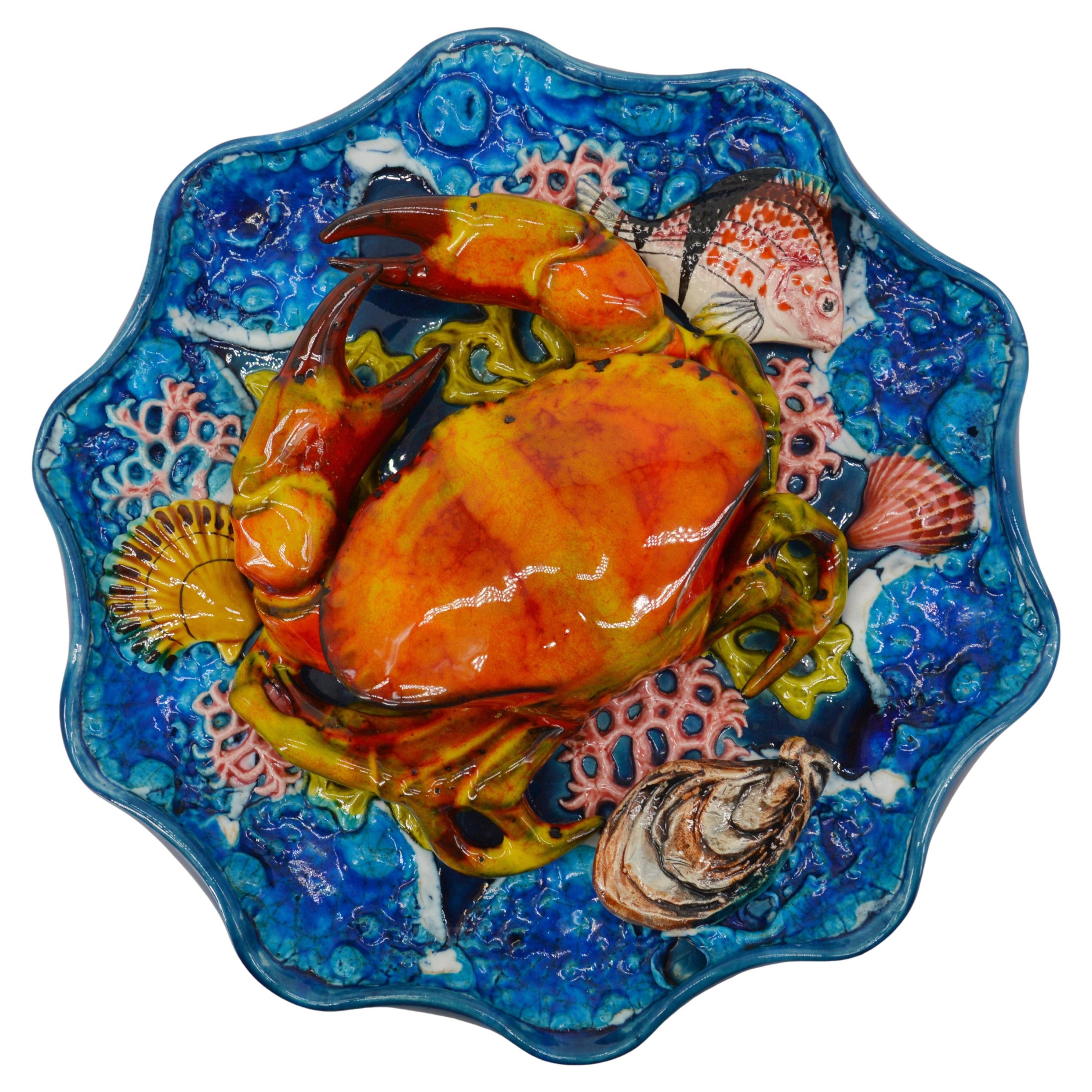 Majolica Palissy Crab Wall Platter Vallauris, 1950