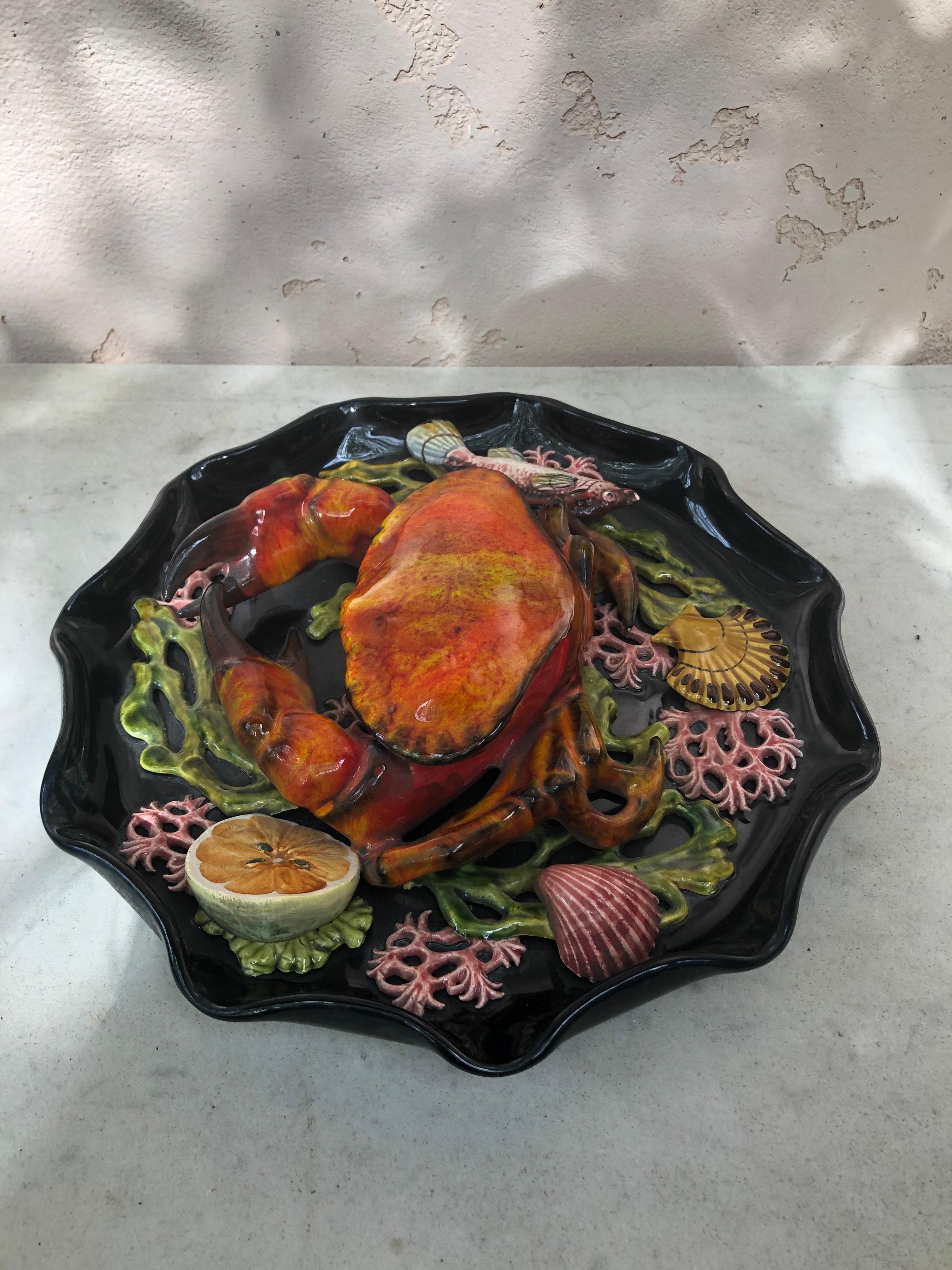 Mid-Century Modern Majolica Palissy Crab Wall Platter Vallauris, circa 1950