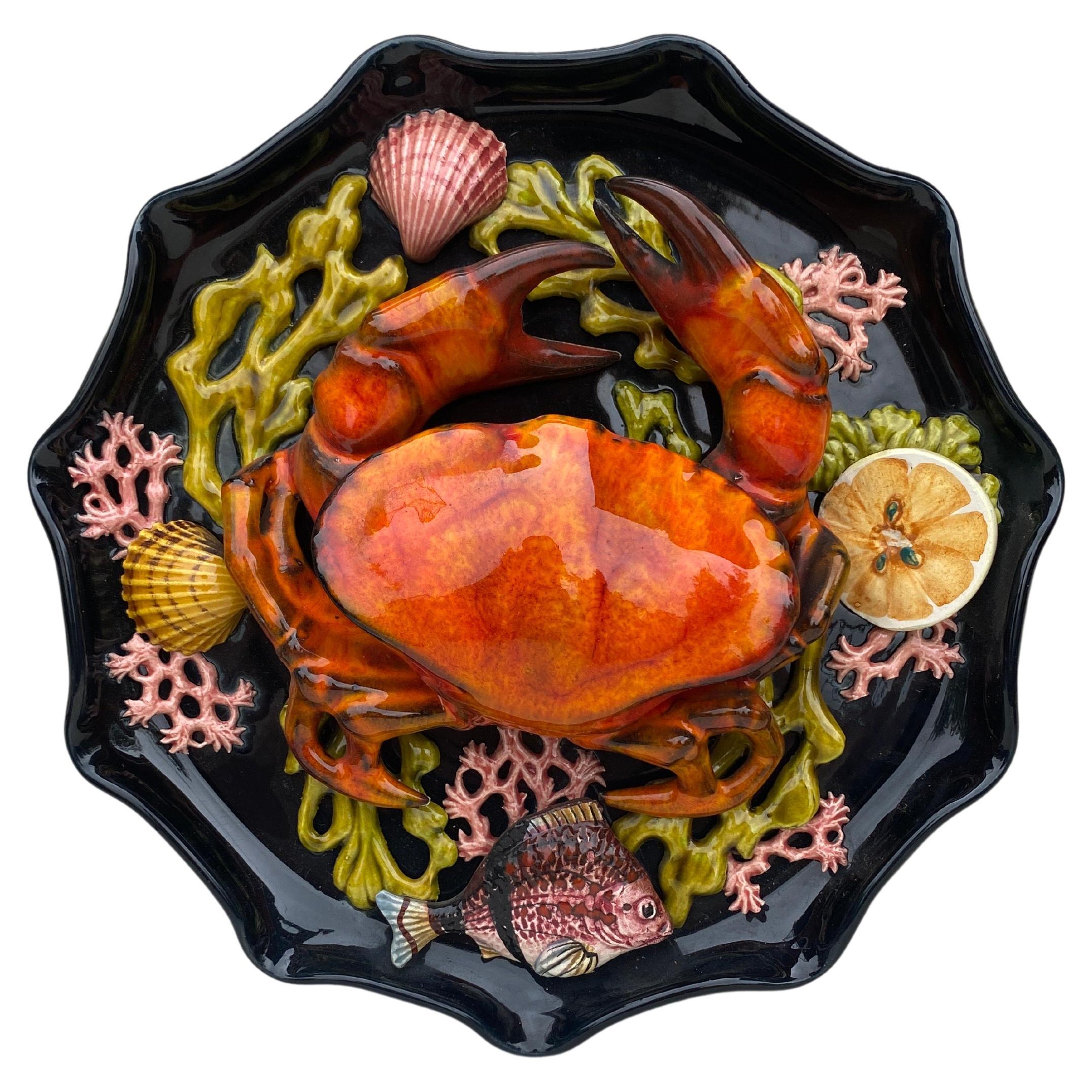 Mid-Century Modern Majolica Palissy Crab Wall Platter Vallauris, circa 1950 For Sale