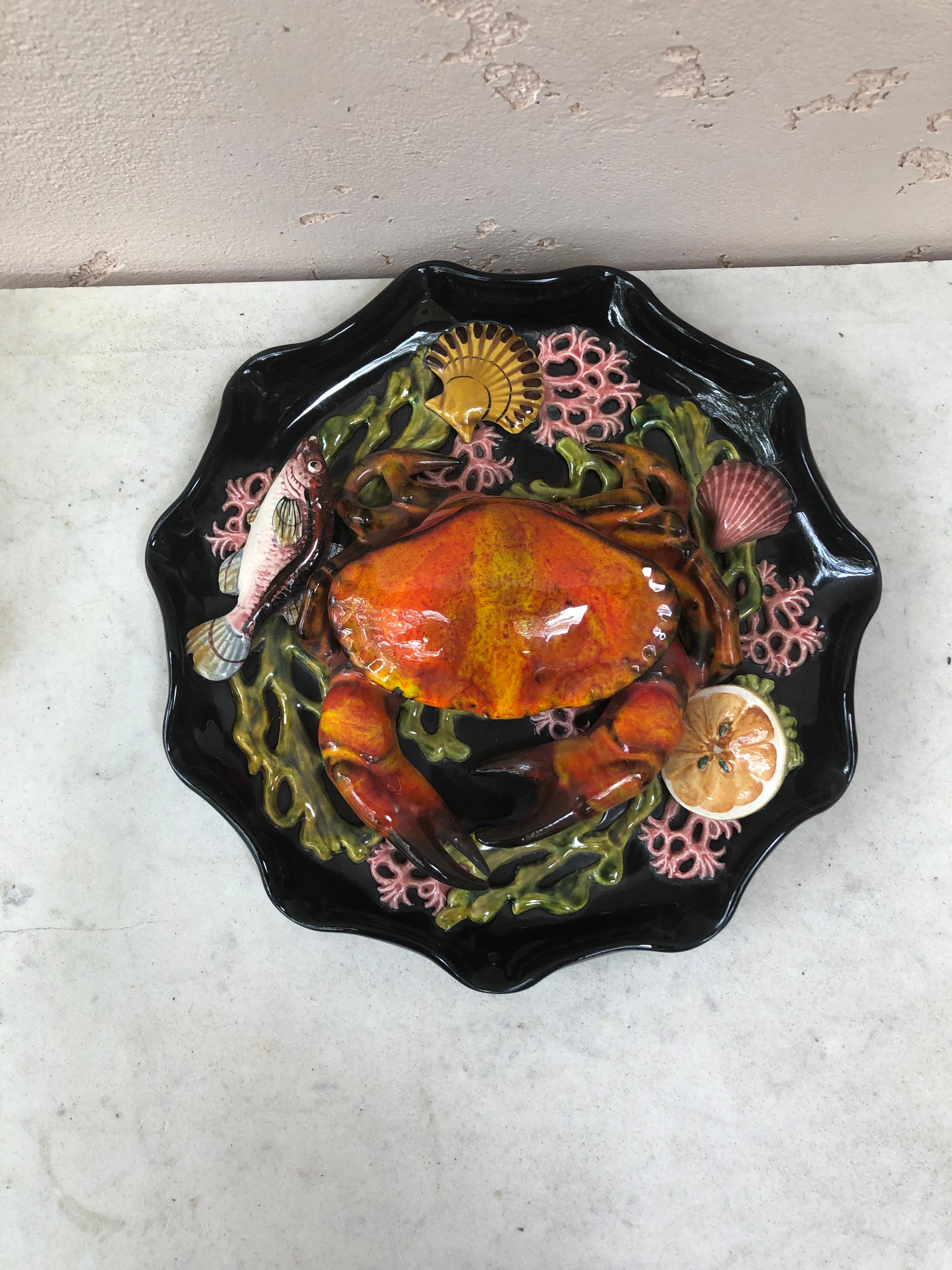 French Majolica Palissy Crab Wall Platter Vallauris, circa 1950