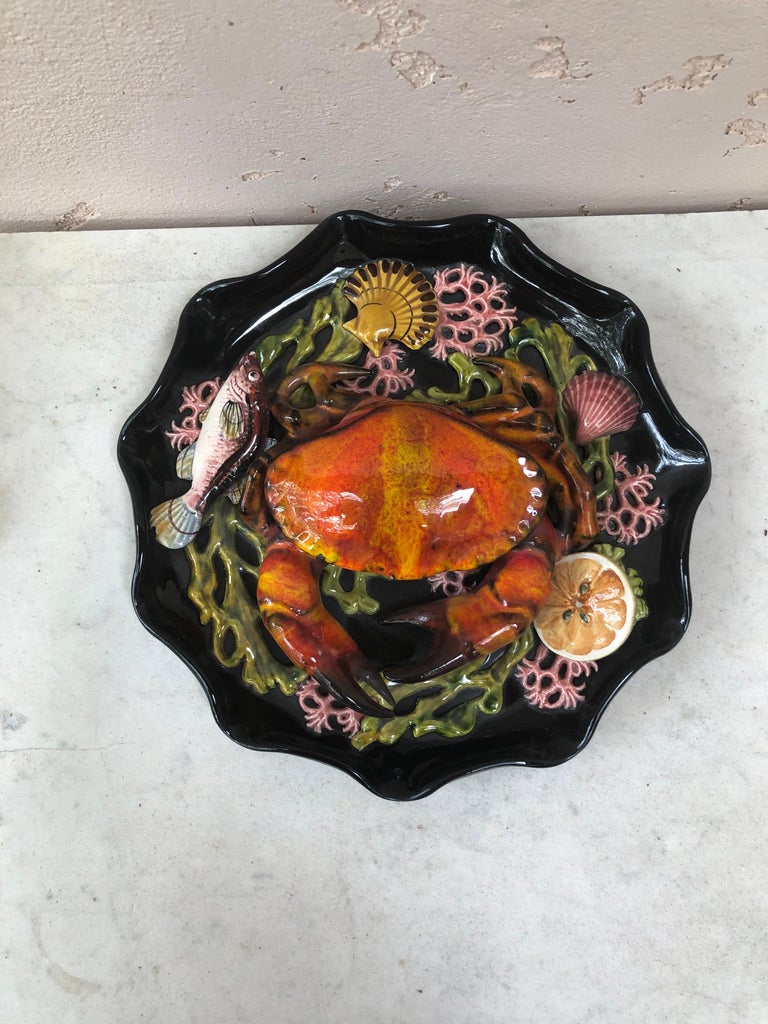 French Majolica Palissy Crab Wall Platter Vallauris, circa 1950 For Sale