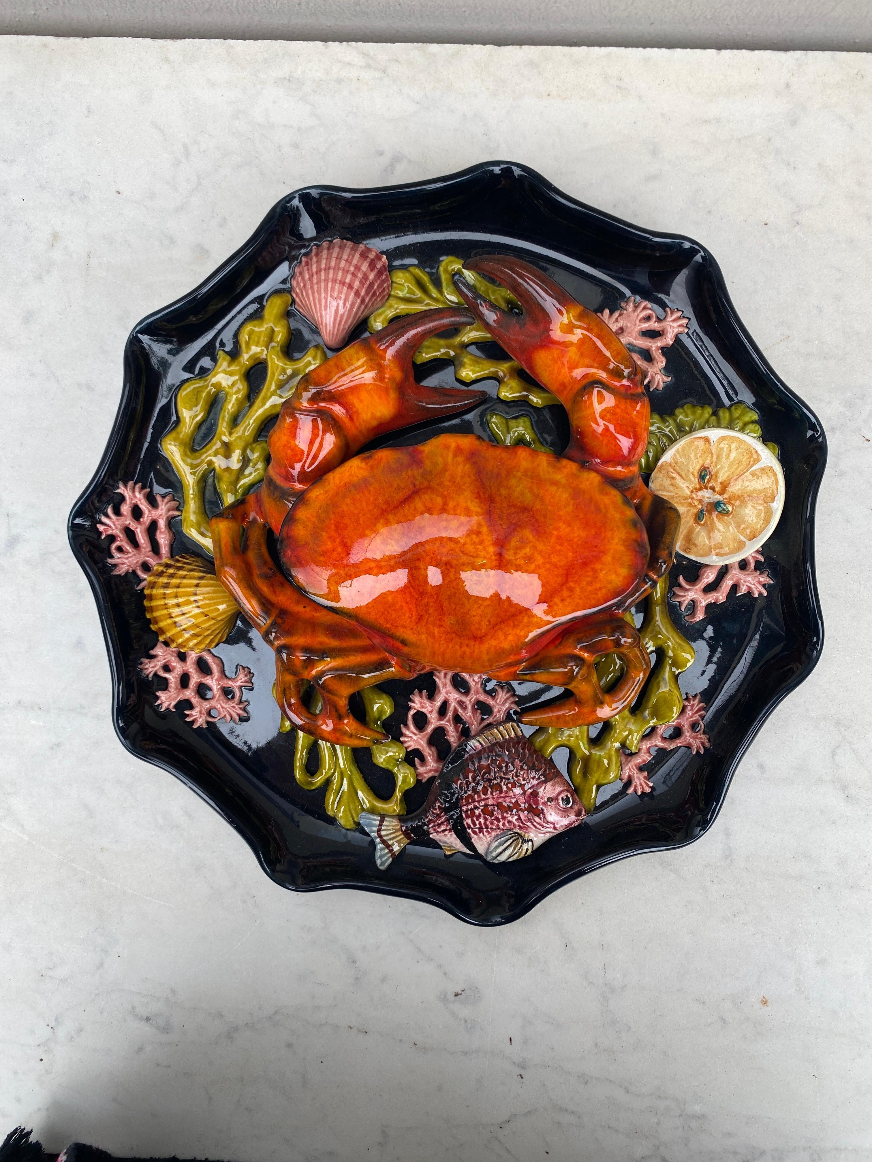 French Majolica Palissy Crab Wall Platter Vallauris, circa 1950 For Sale