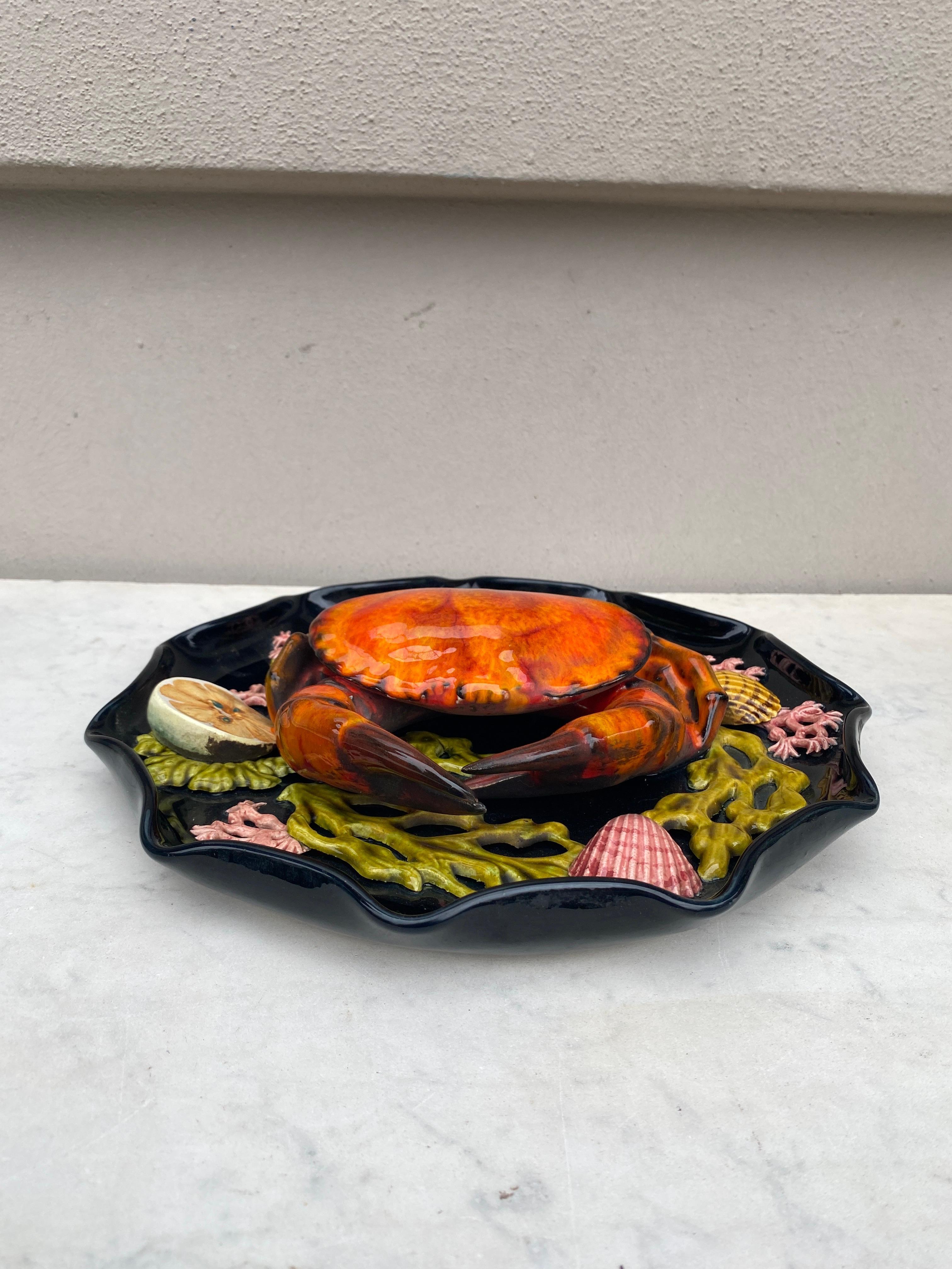 Mid-20th Century Majolica Palissy Crab Wall Platter Vallauris, circa 1950 For Sale