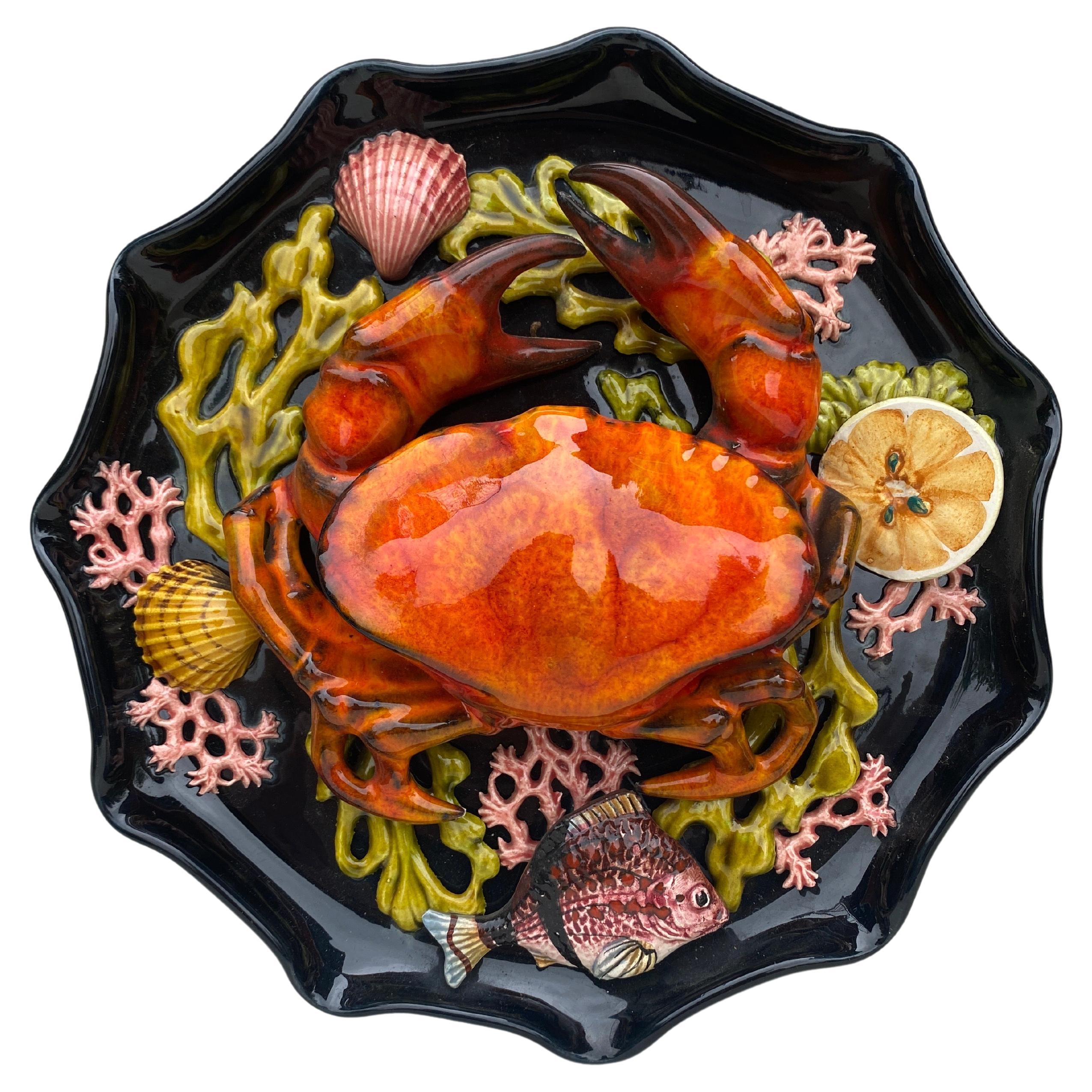 Majolica Palissy Crab Wall Platter Vallauris, circa 1950 For Sale