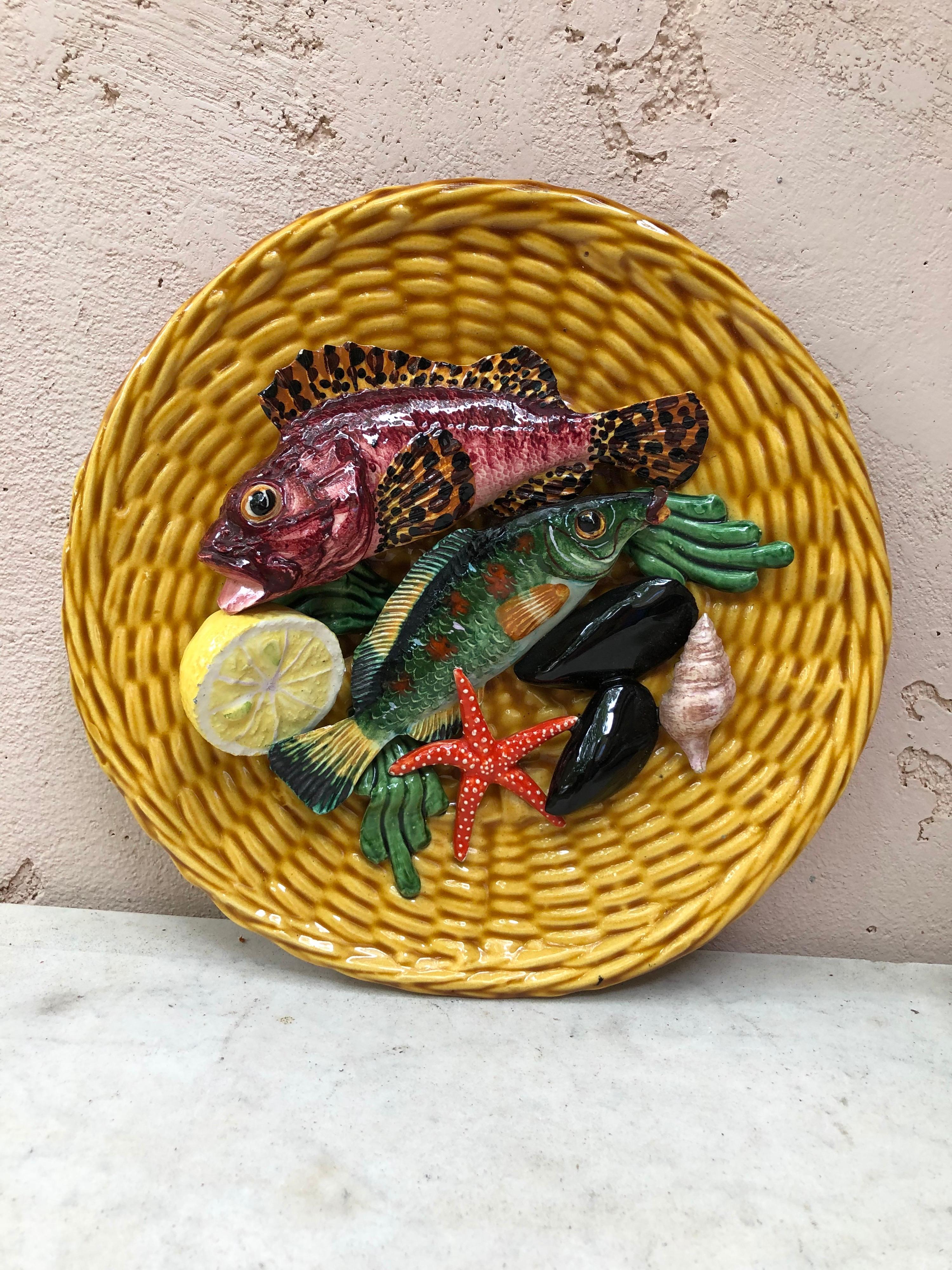 Mid-Century Modern Majolica Palissy Fishs Wall Platter Vallauris Lamarche, circa 1950 For Sale