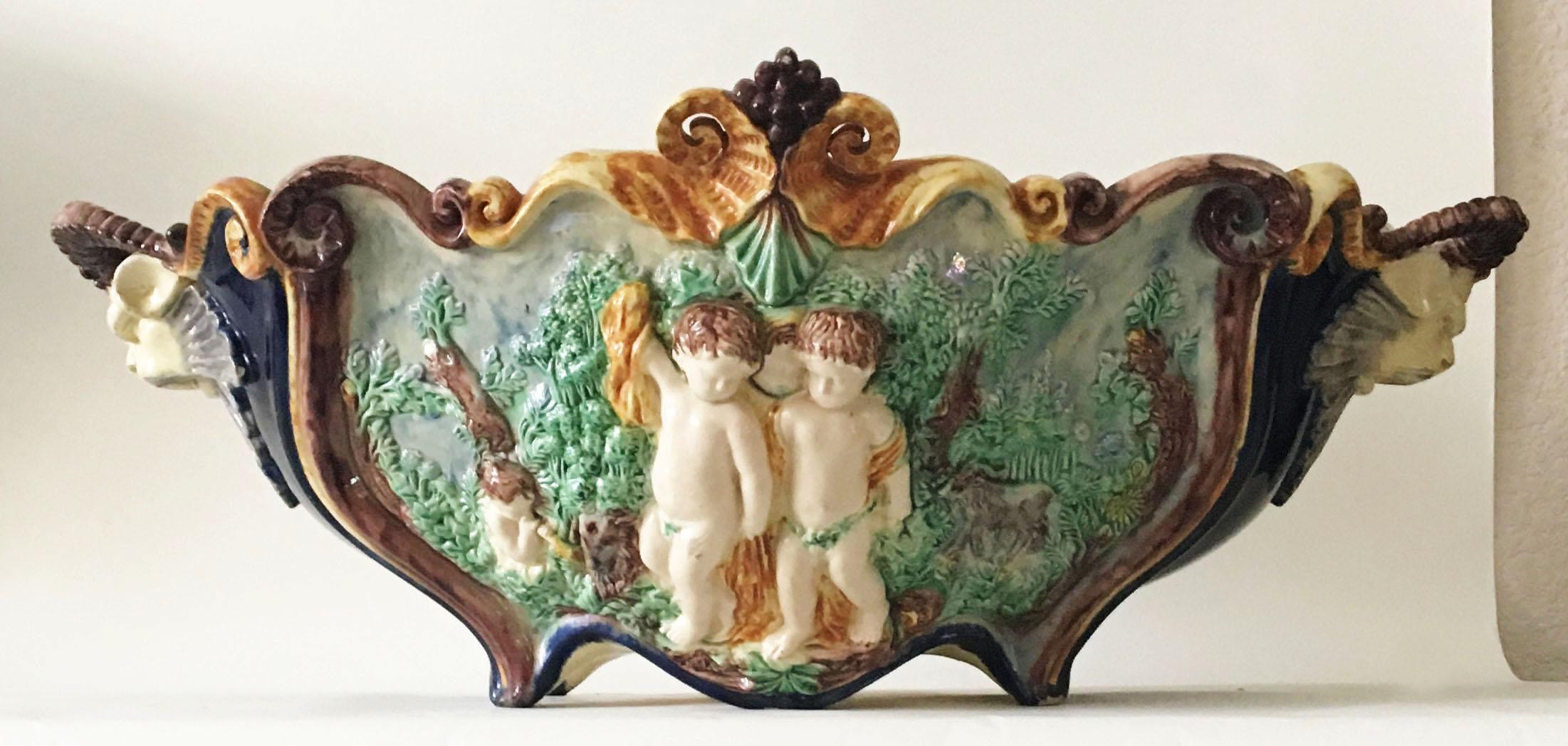 Late 19th Century Majolica Palissy Jardinière with Puttis Musicians Thomas Sergent, circa 1880