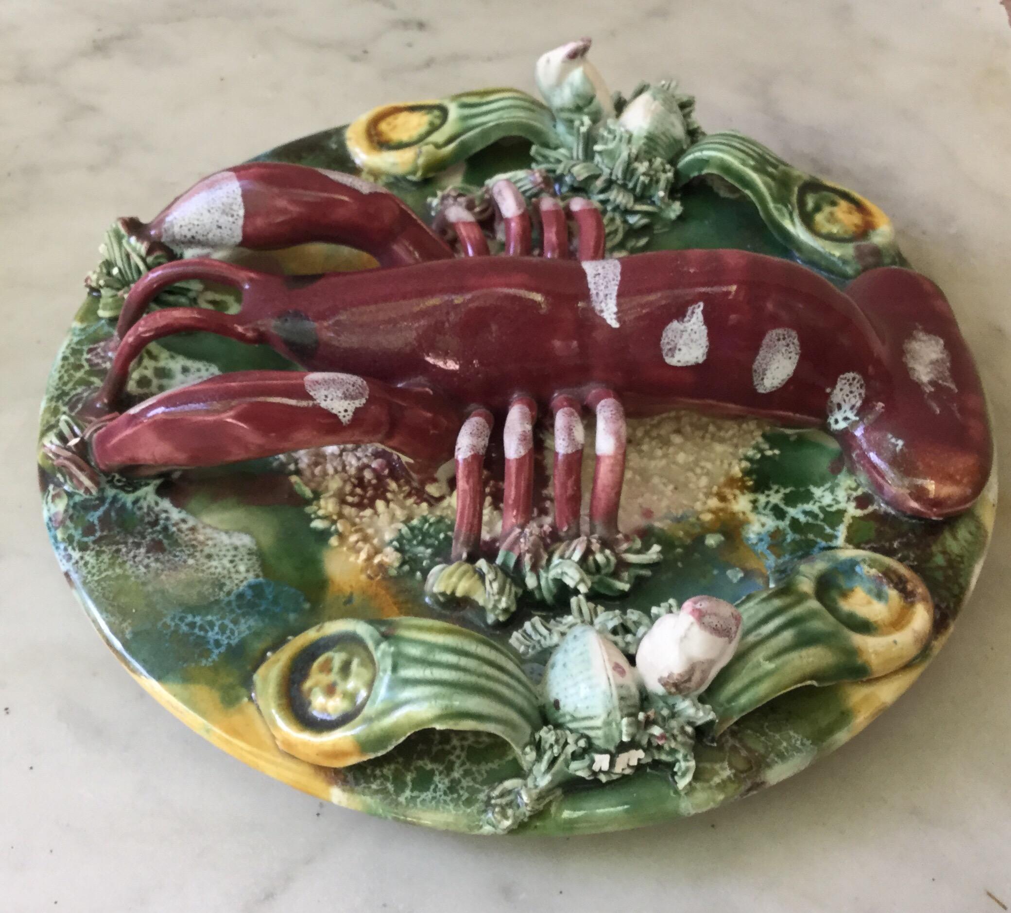 Small Portuguese Majolica Palissy lobster platter, circa 1950.