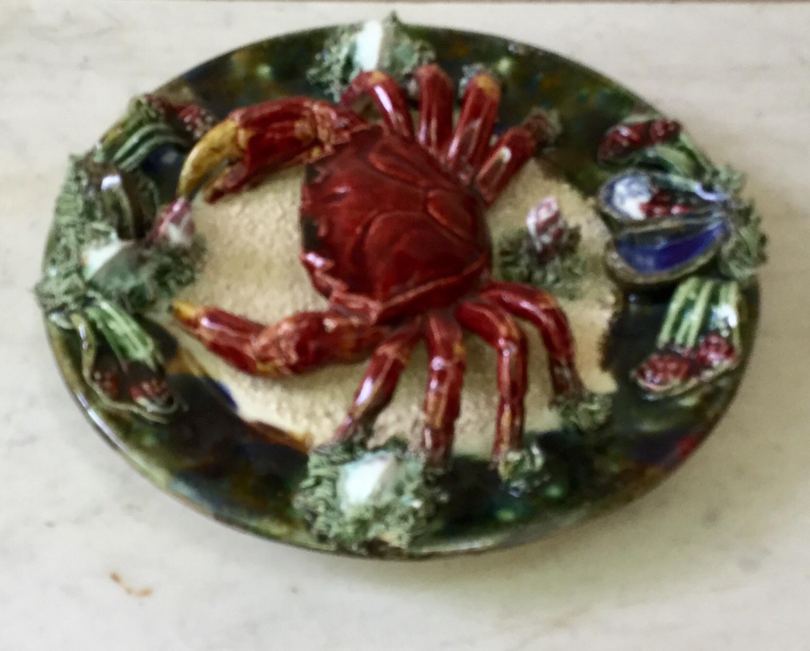 Majolica faience Palissy Portuguese crab platter, circa 1940.
Decorated with mussels and shells,
Signed Caldas da Rainha.