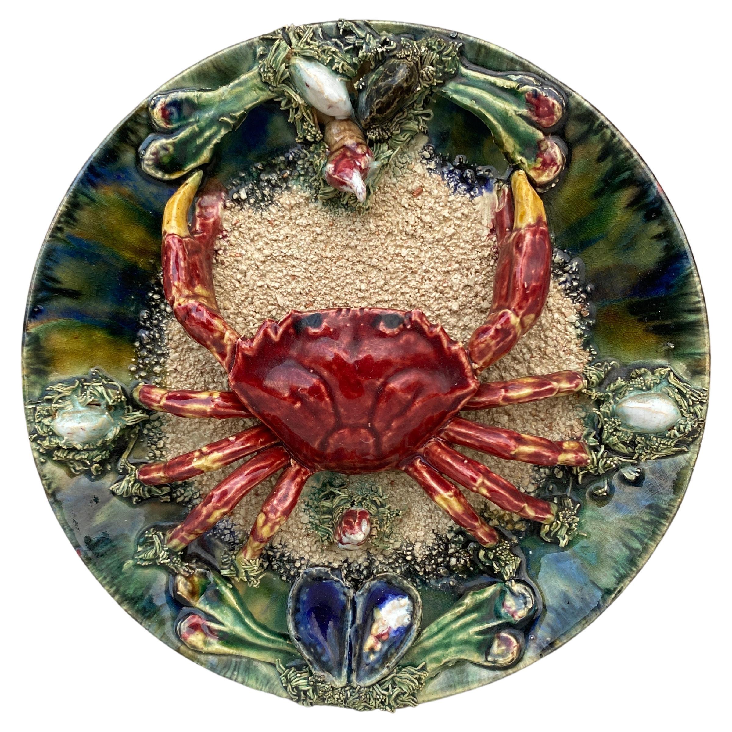 Majolica faience Palissy Portuguese crab platter circa 1940.
Decorated with mussels and shells,
Signed Caldas da Rainha.
 