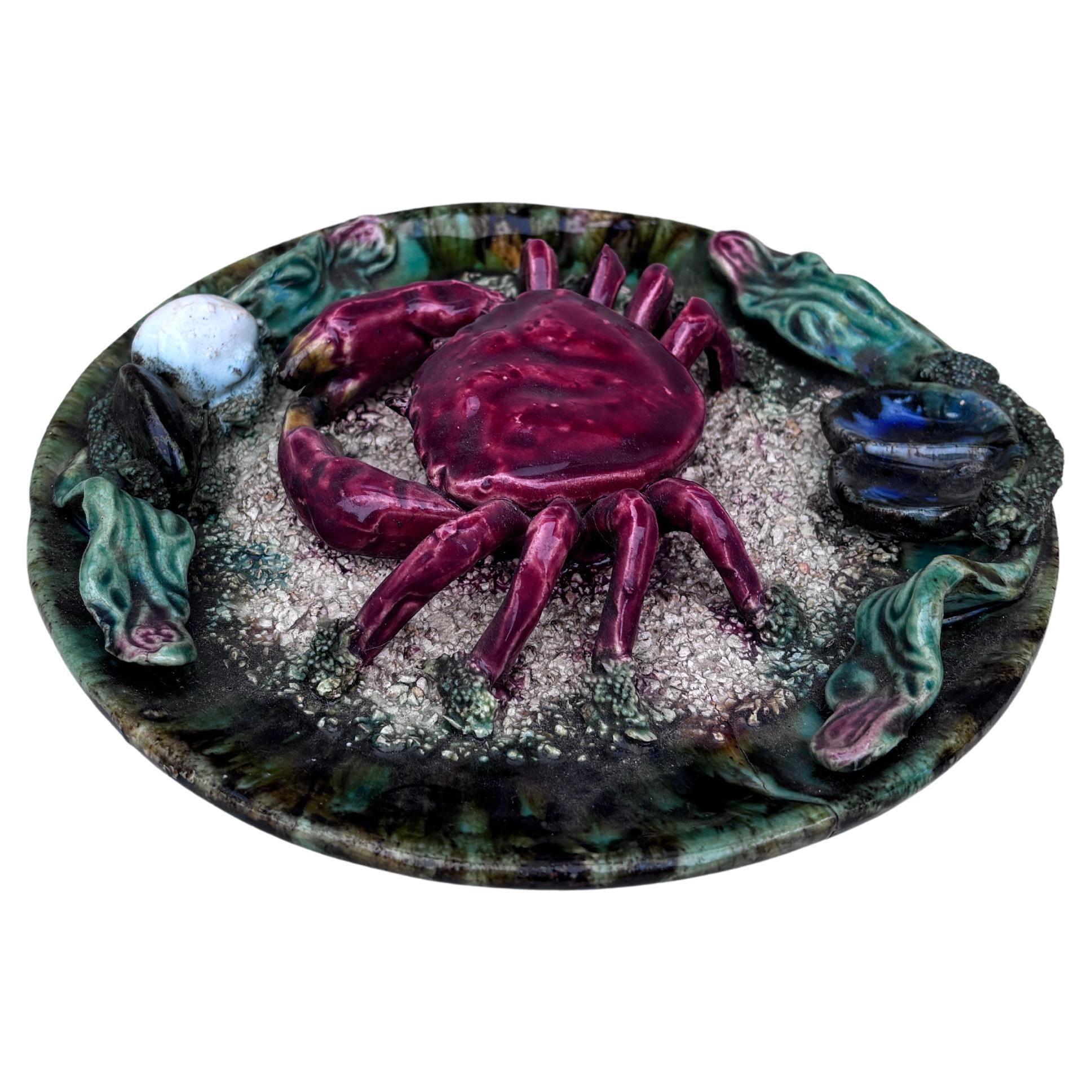 Mid-Century Modern Majolica Palissy Portuguese Crab Wall Platter, circa 1940 For Sale