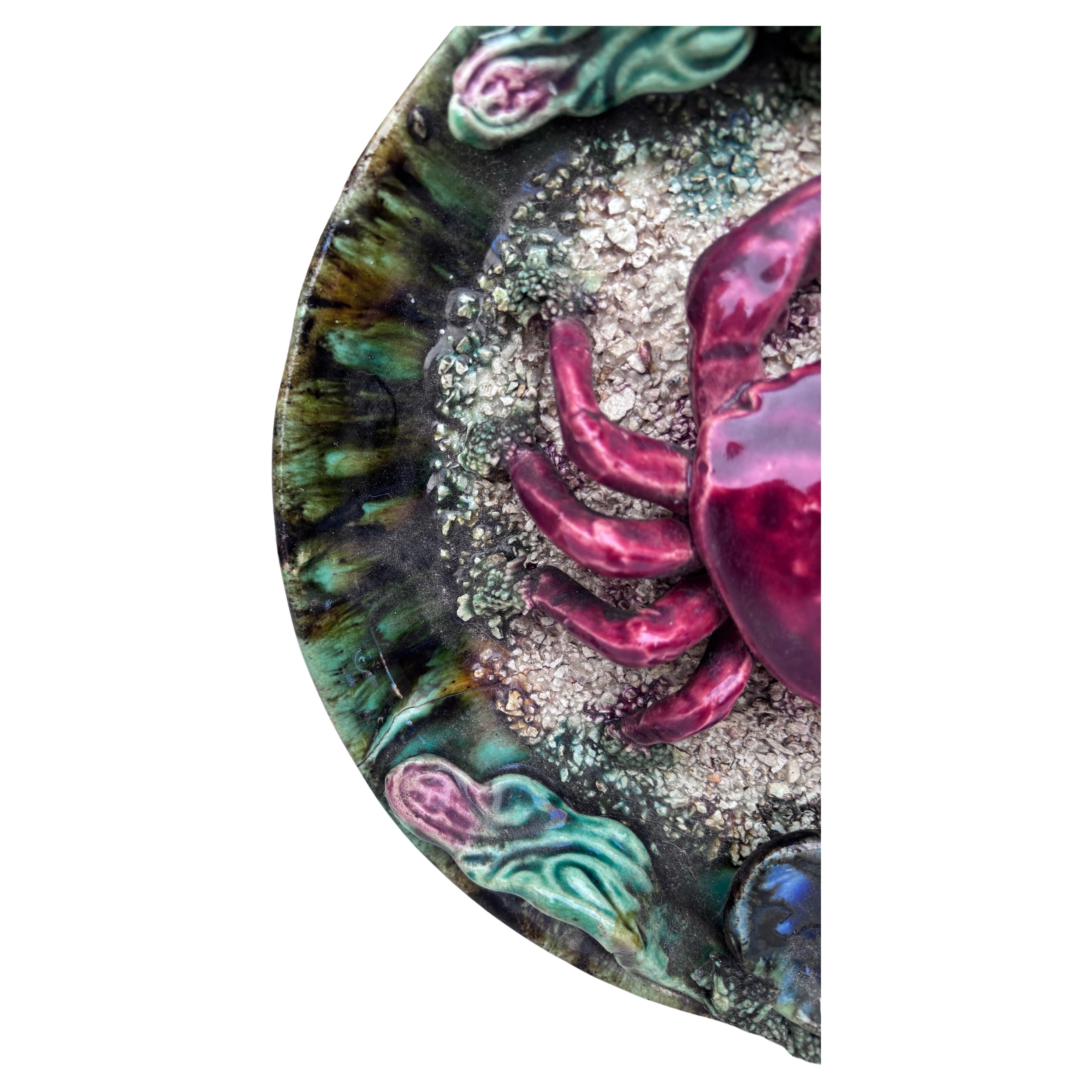 Mid-20th Century Majolica Palissy Portuguese Crab Wall Platter, circa 1940 For Sale