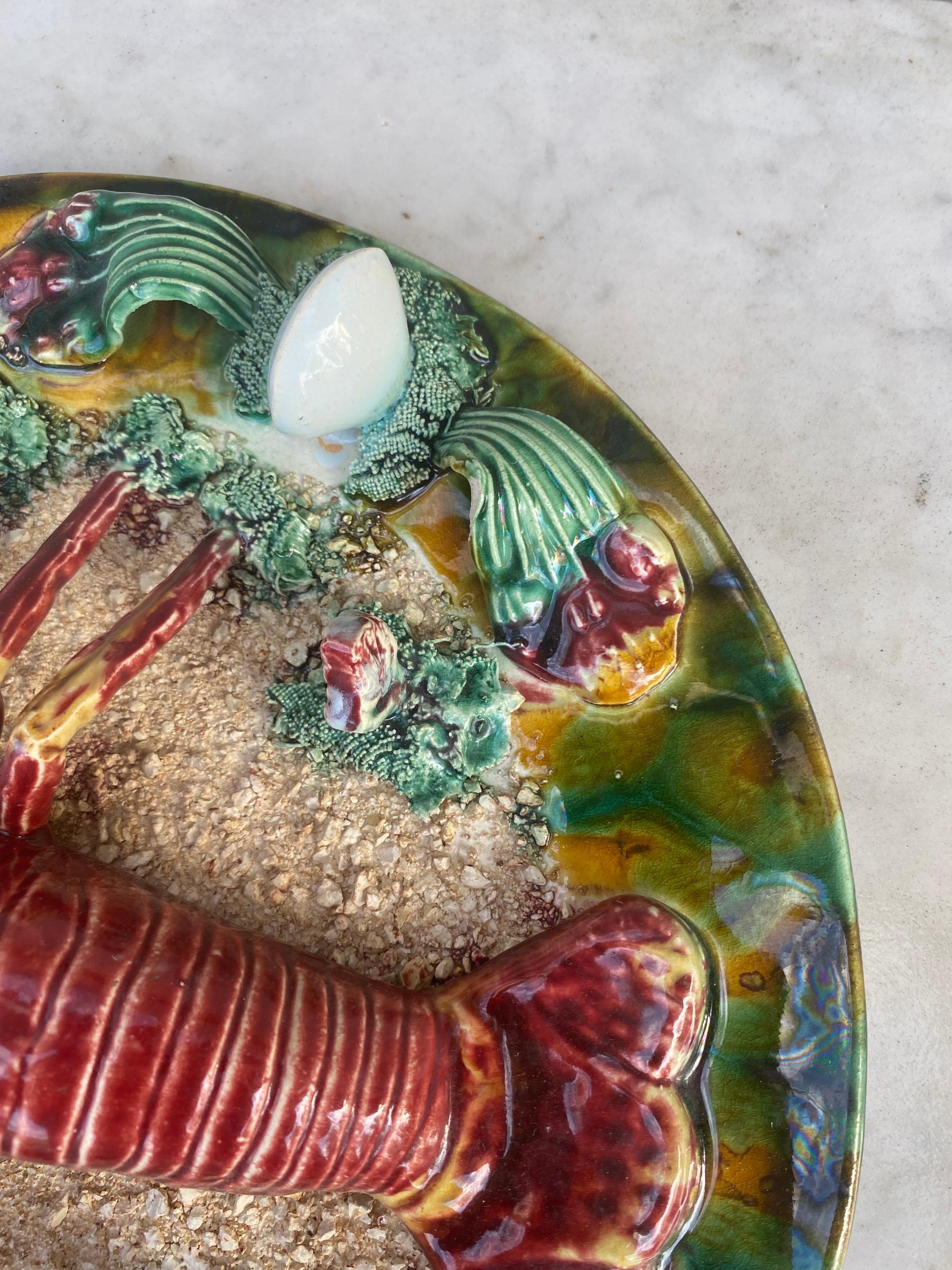 Majolica Palissy Portuguese Lobster Wall Platter, circa 1940 In Good Condition For Sale In Austin, TX
