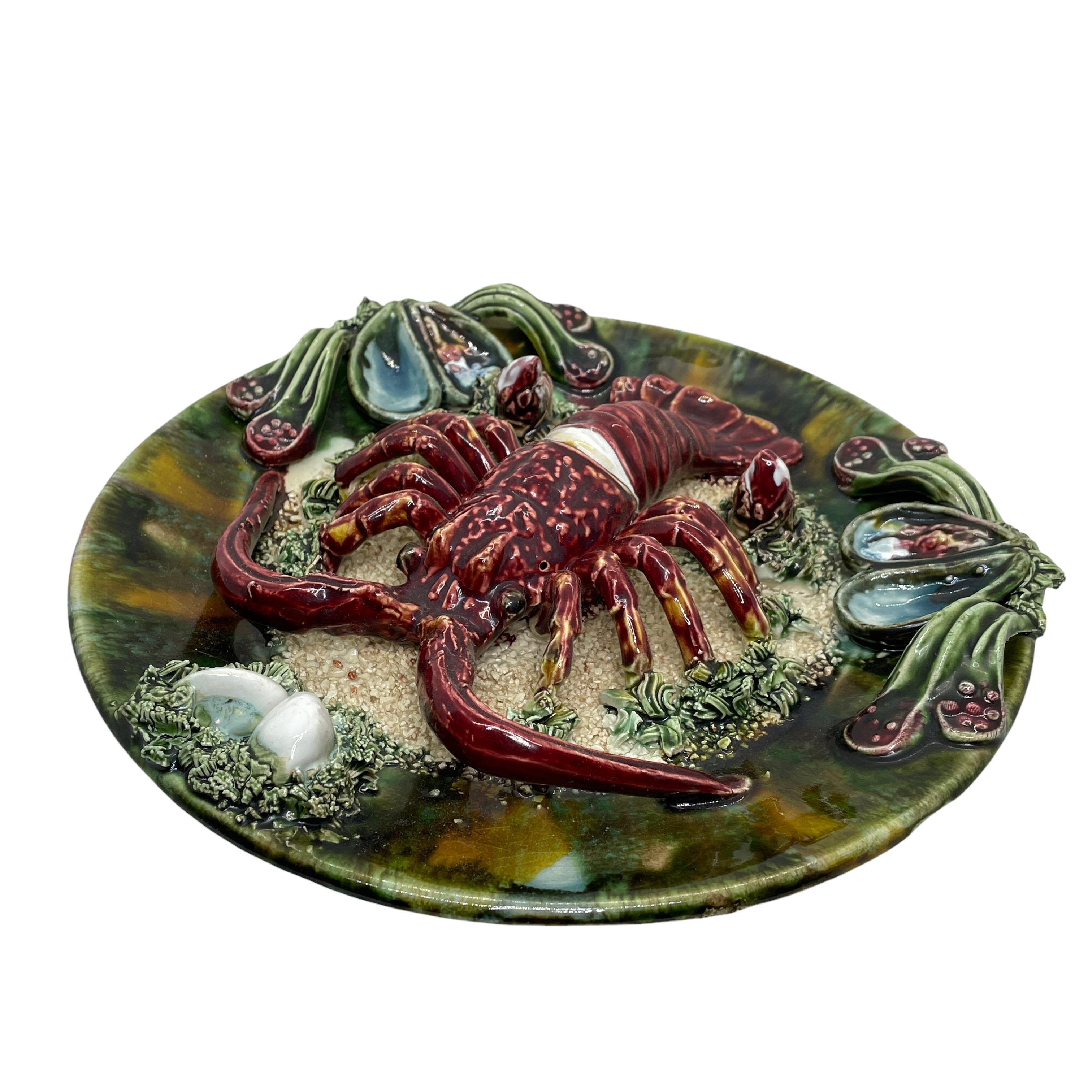 Majolica Palissy Portuguese Lobster Wall Platter Plate, circa 1950s For Sale 3