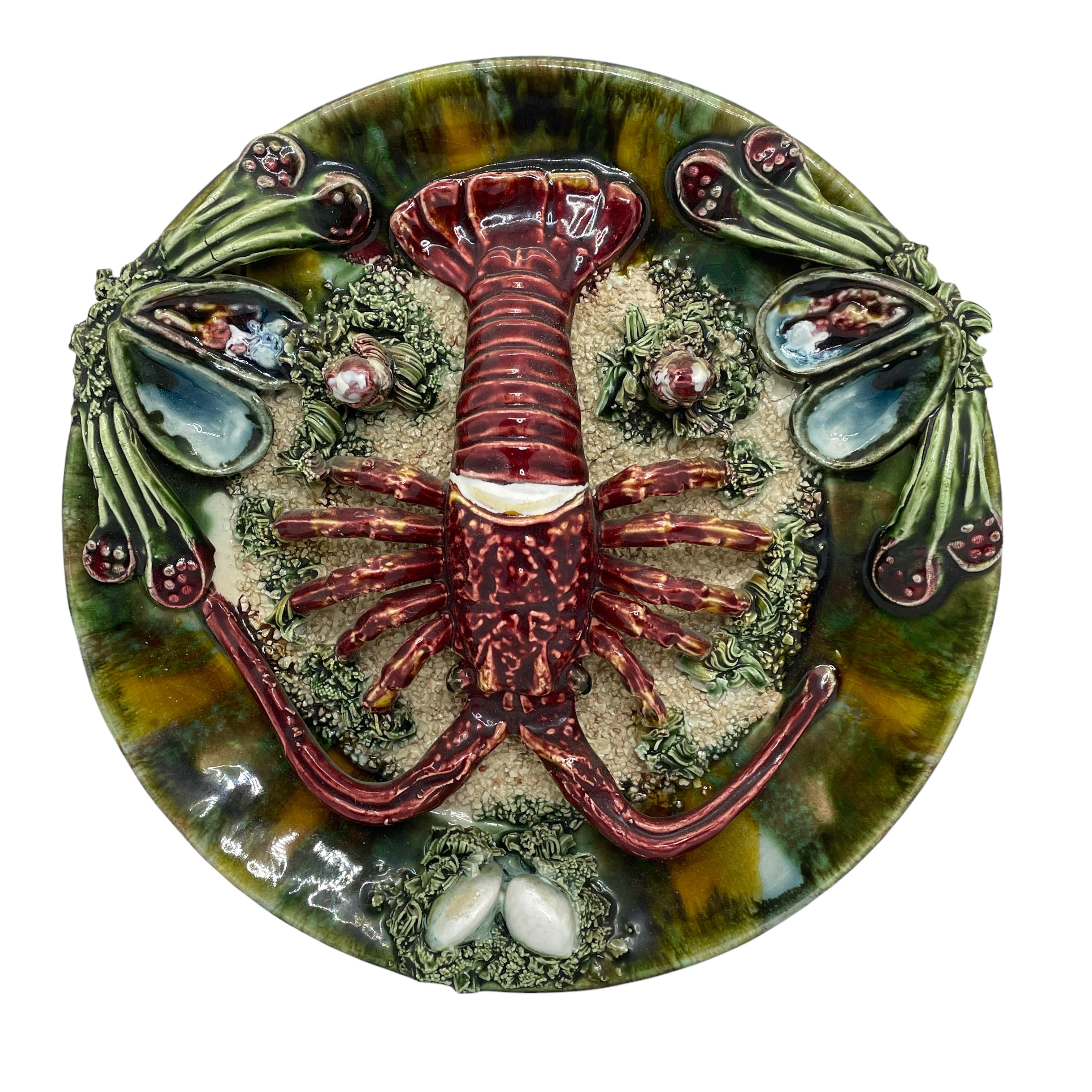 Hand-Crafted Majolica Palissy Portuguese Lobster Wall Platter Plate, circa 1950s For Sale