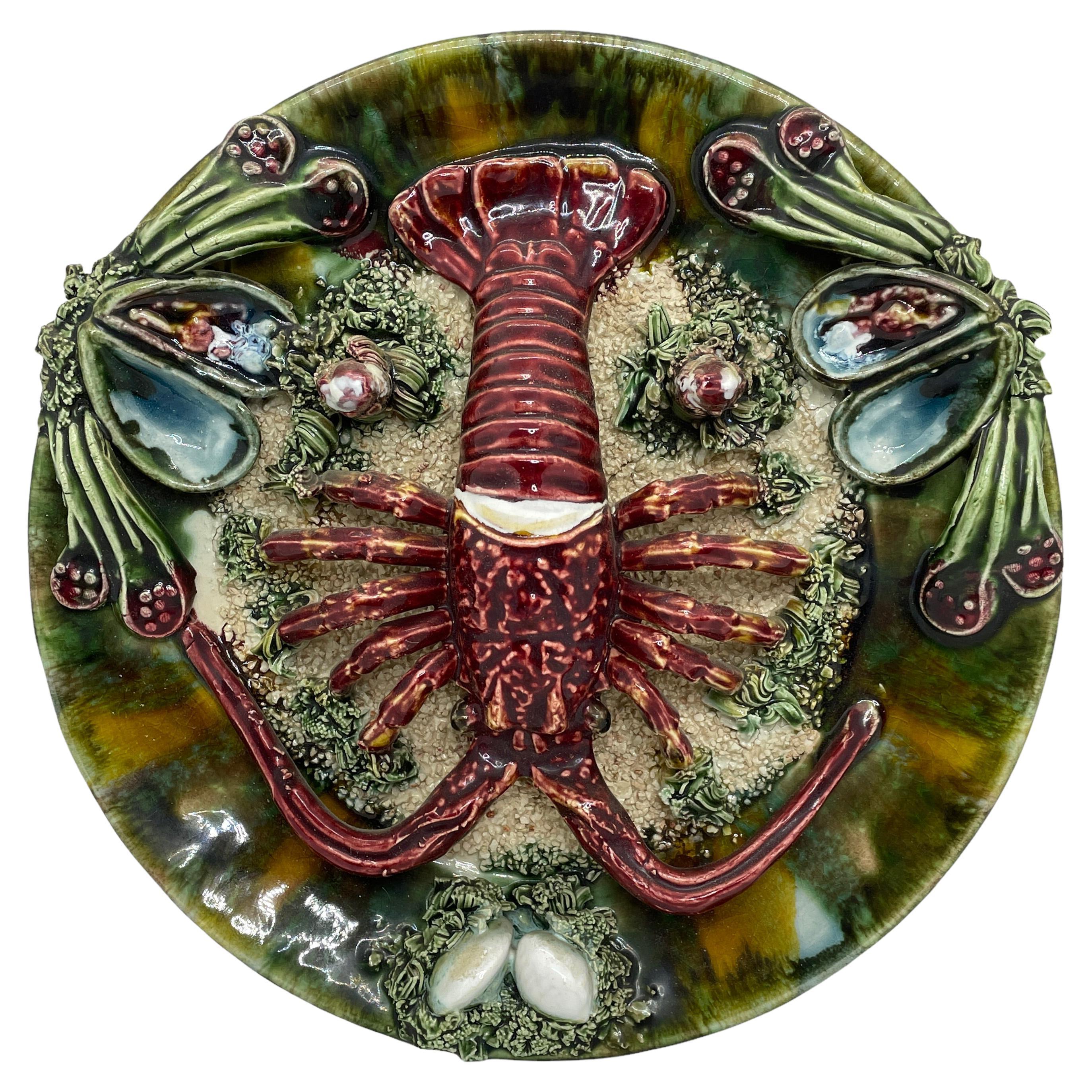 Majolica Palissy Portuguese Lobster Wall Platter Plate, circa 1950s For Sale