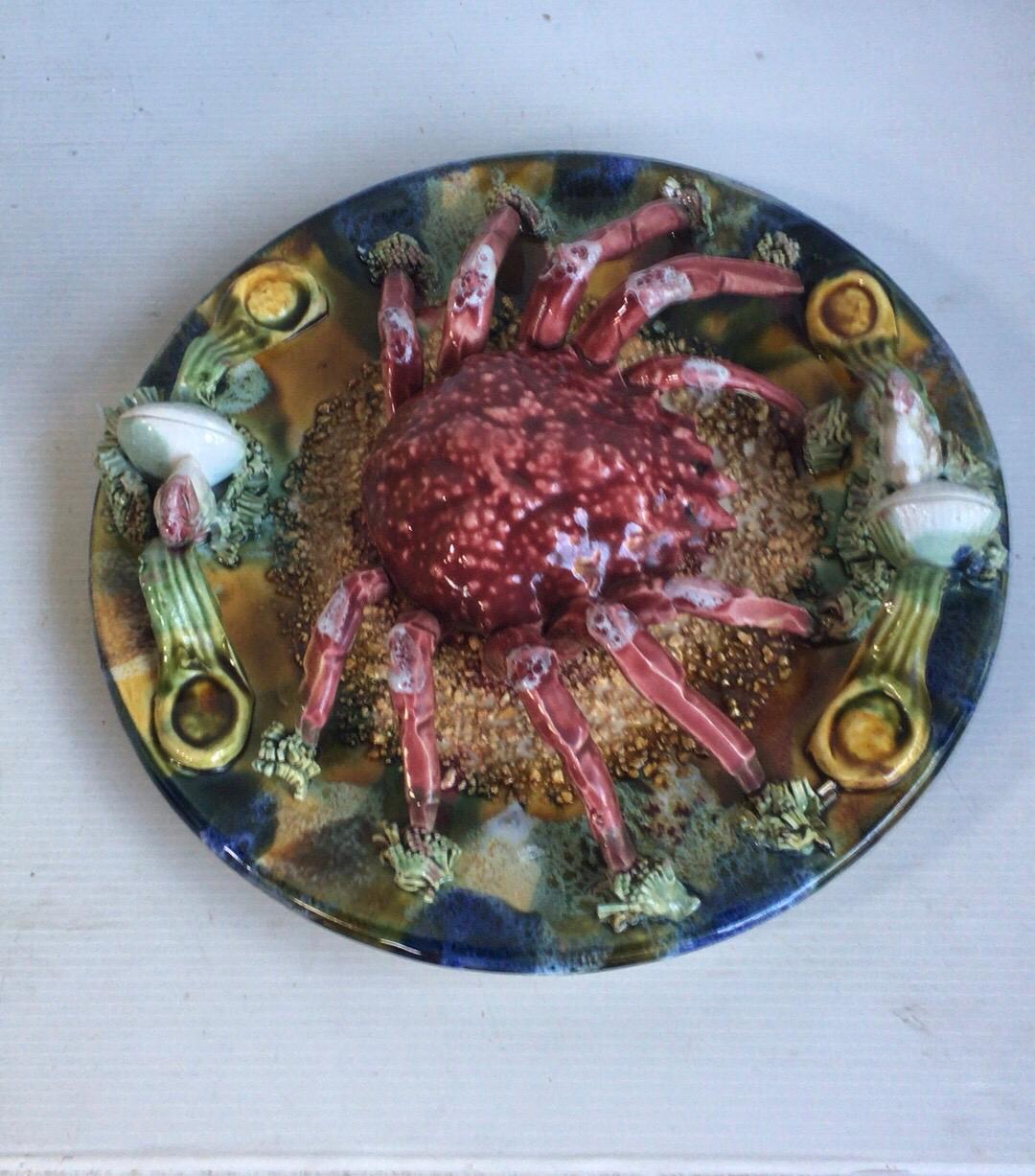 Mid-Century Modern Majolica Palissy Portuguese Spider Crab Wall Platter, circa 1940