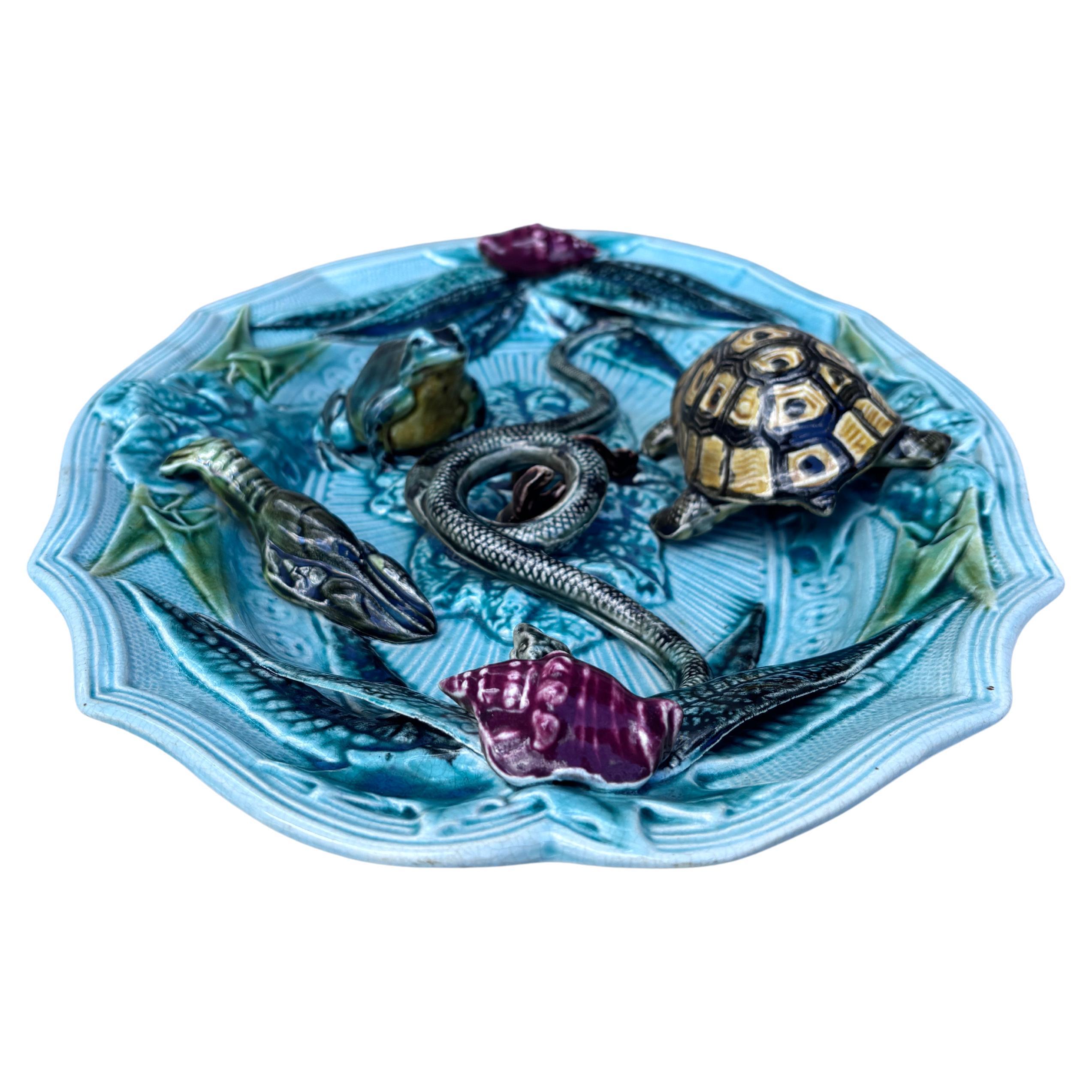 Plat mural en majolique Palissy serpent et tortue Circa 1920.
Serpent, grenouille, tortue, coquillages, feuilles, écrevisses.
15,5
