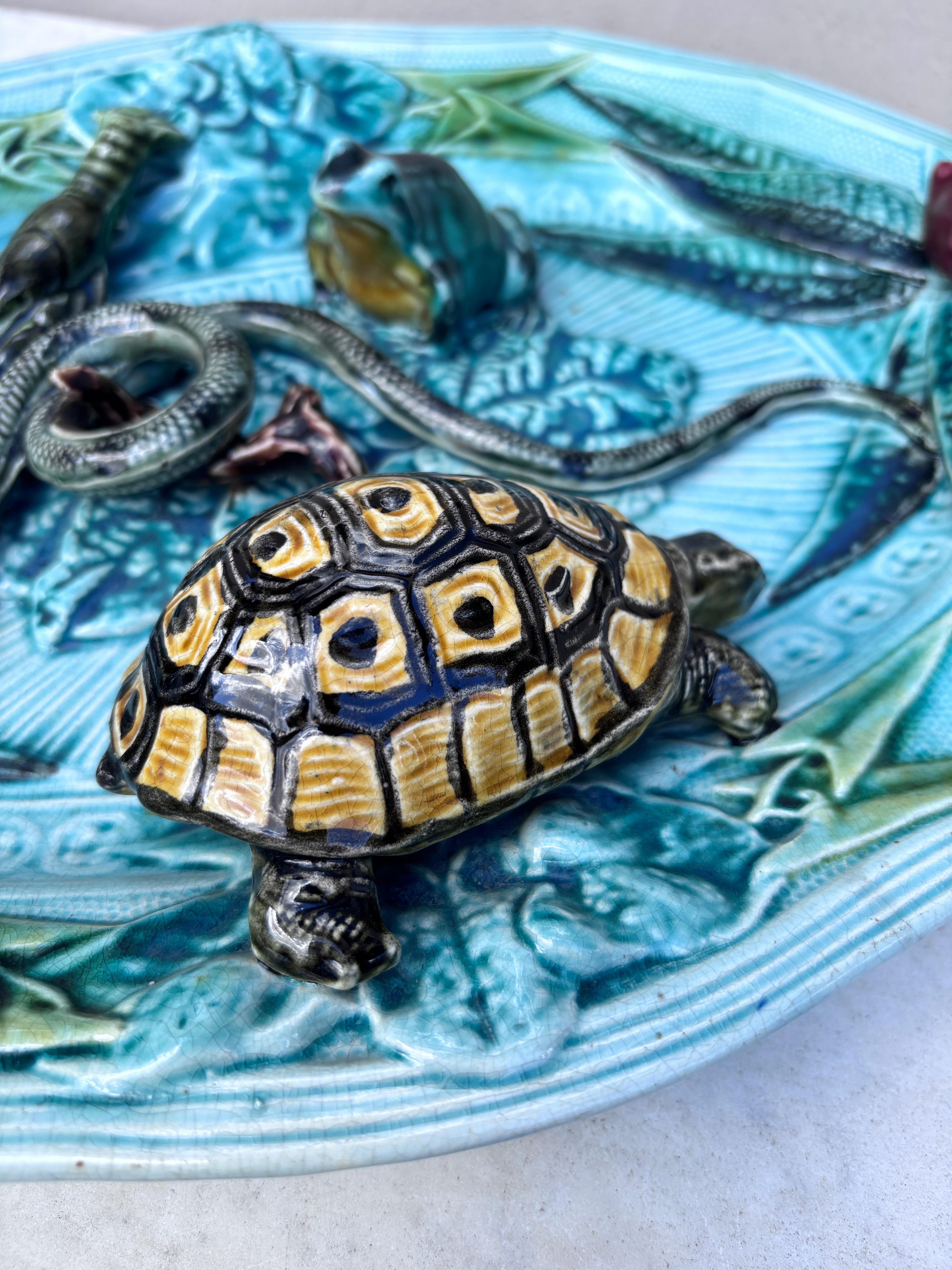 Plat mural en majolique de Palissy serpent et tortue Circa 1920 Bon état - En vente à Austin, TX