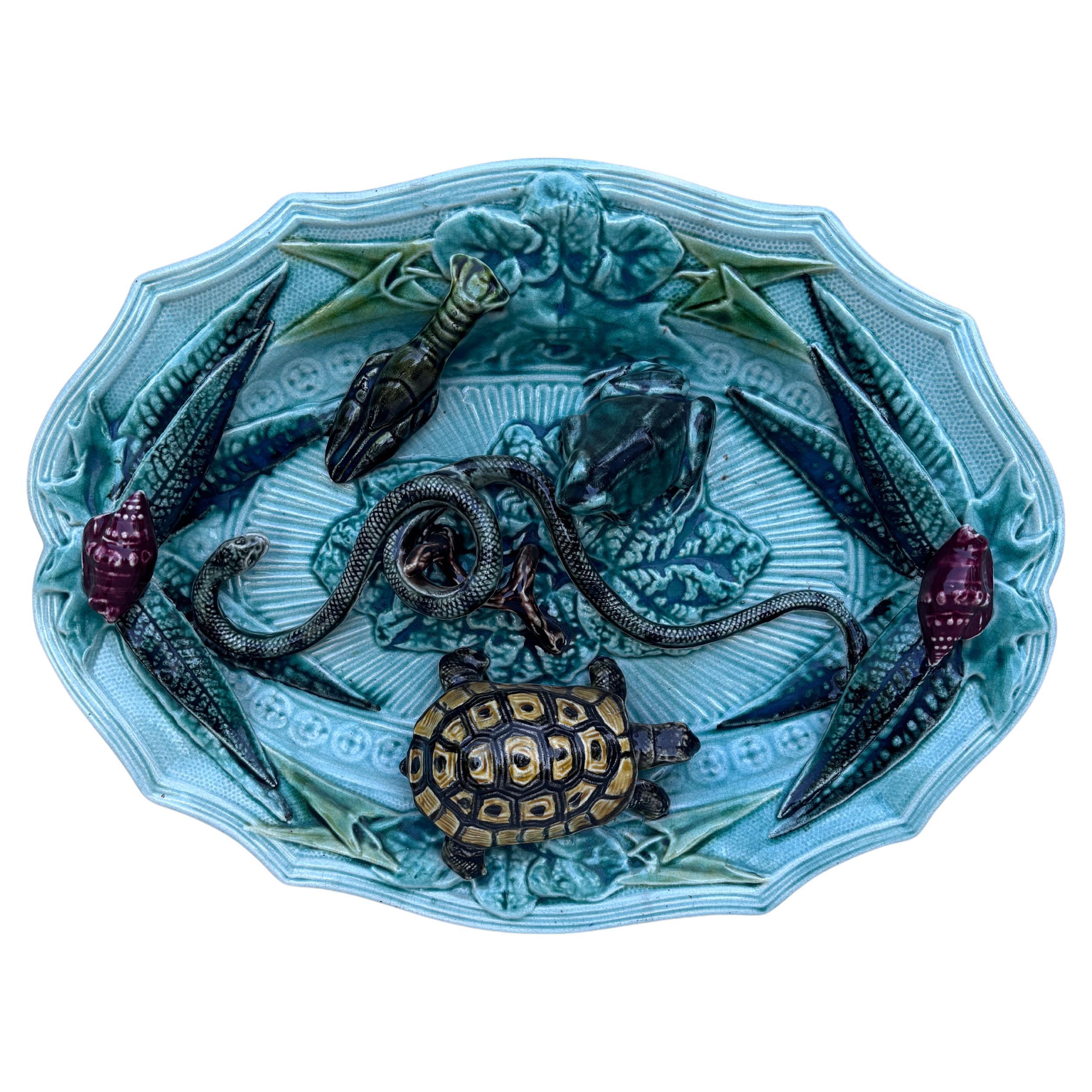 Majolica Palissy Snake & Turtle Wall Platter Circa 1920