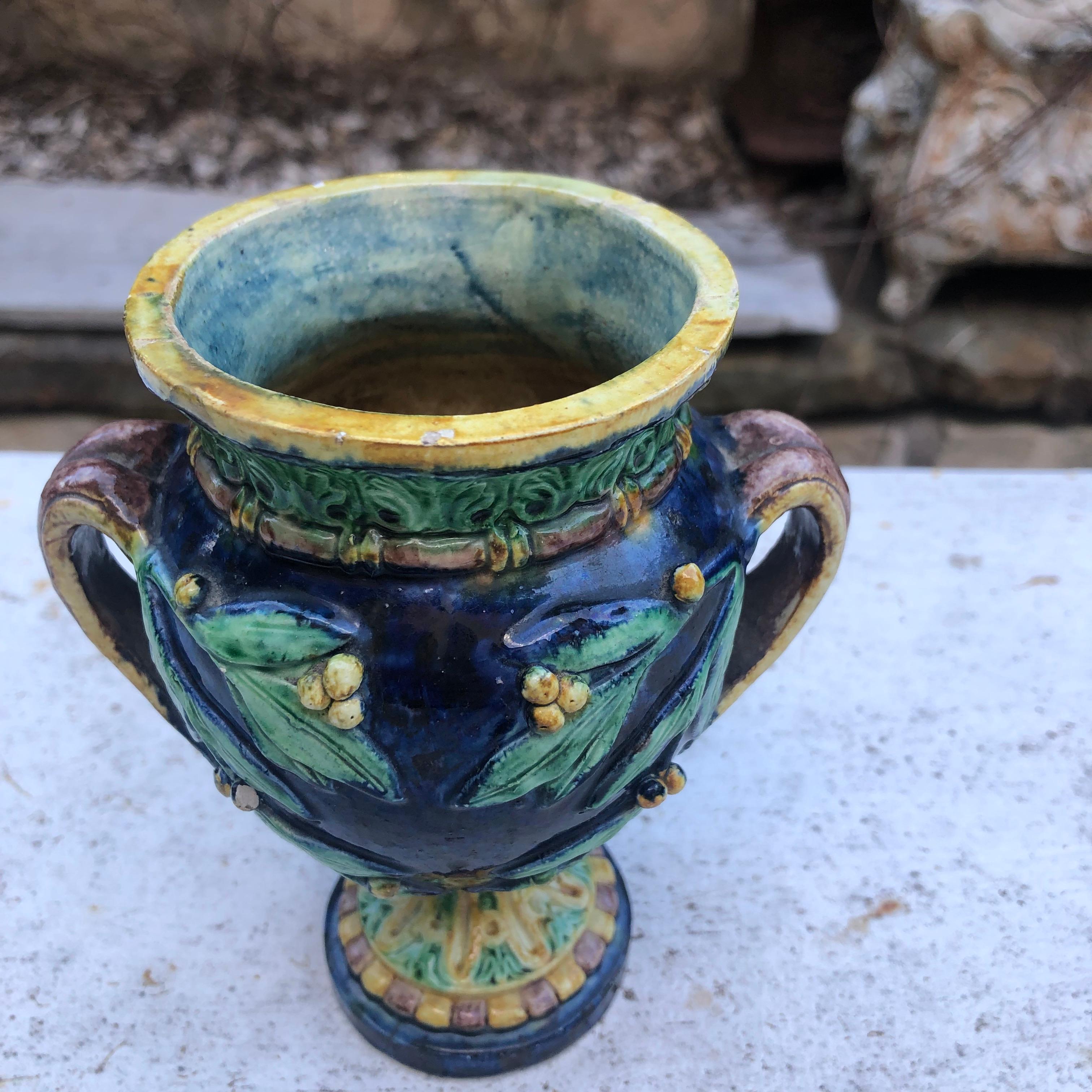 Victorian Majolica Palissy Vase with Mistletoe, circa 1880