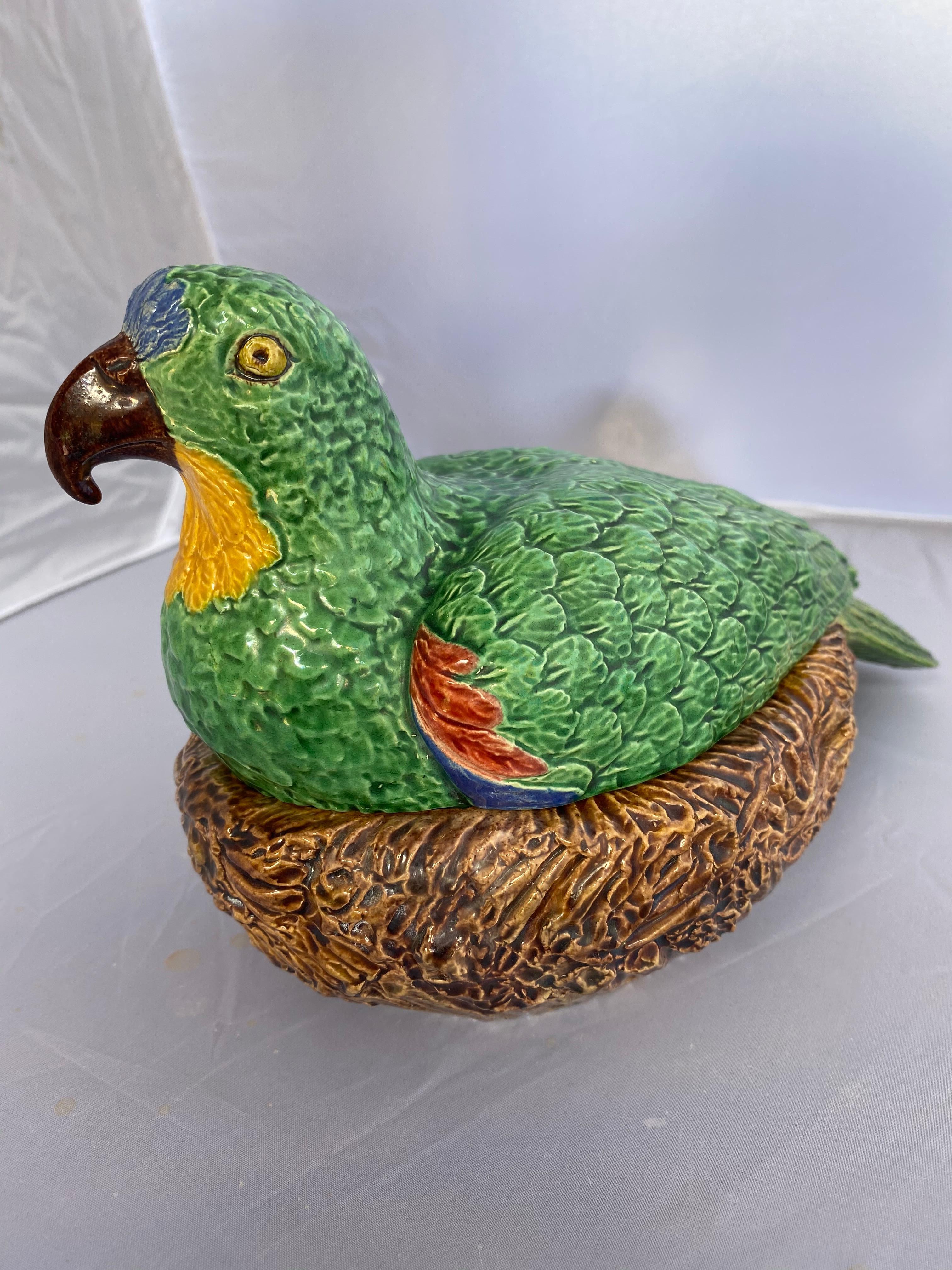 Majolica Palissy Ware Parrot on Nest Lidded Box Signed Bordalo Pinheiro, 1900 5