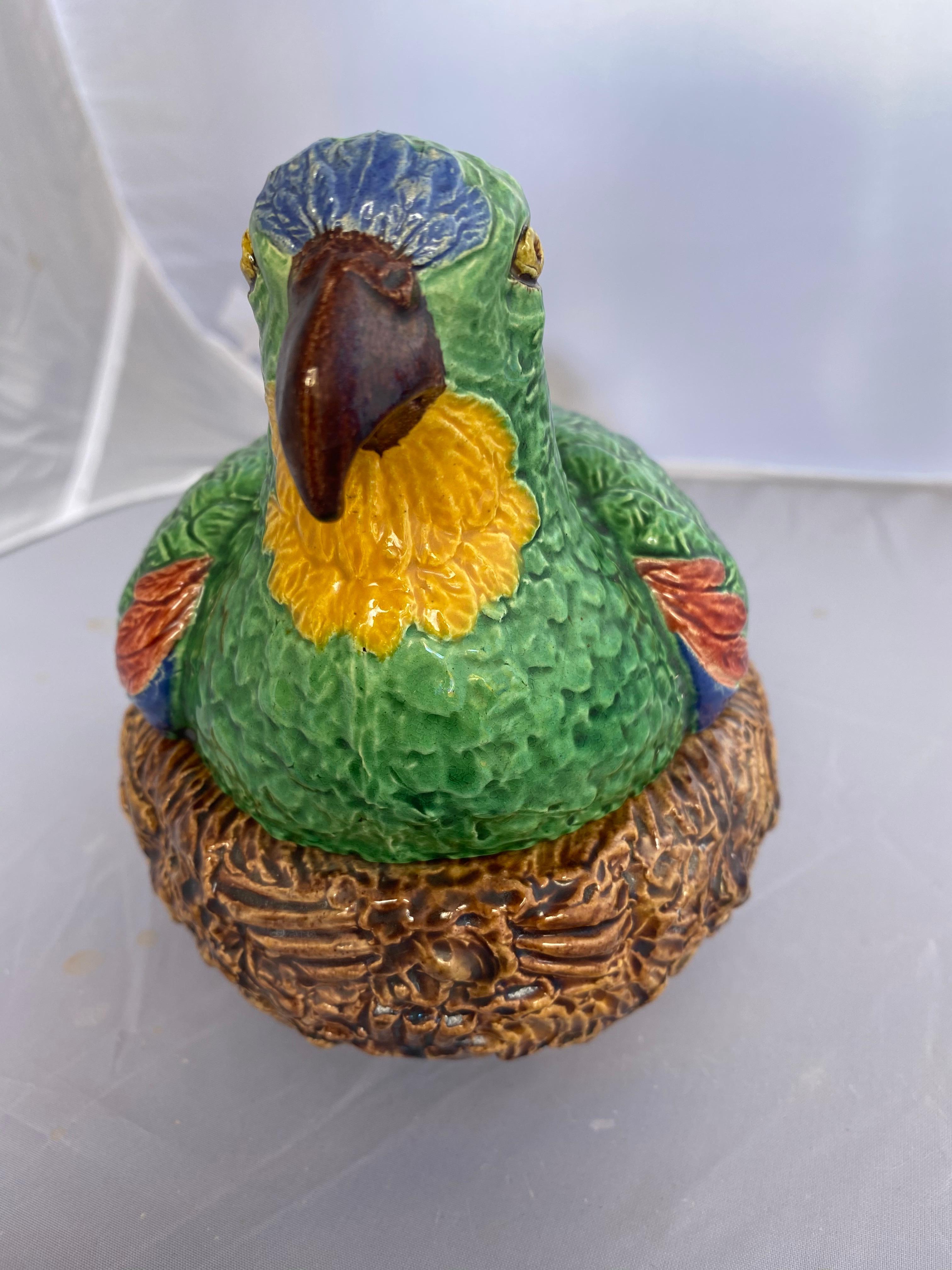 Victorian Majolica Palissy Ware Parrot on Nest Lidded Box Signed Bordalo Pinheiro, 1900