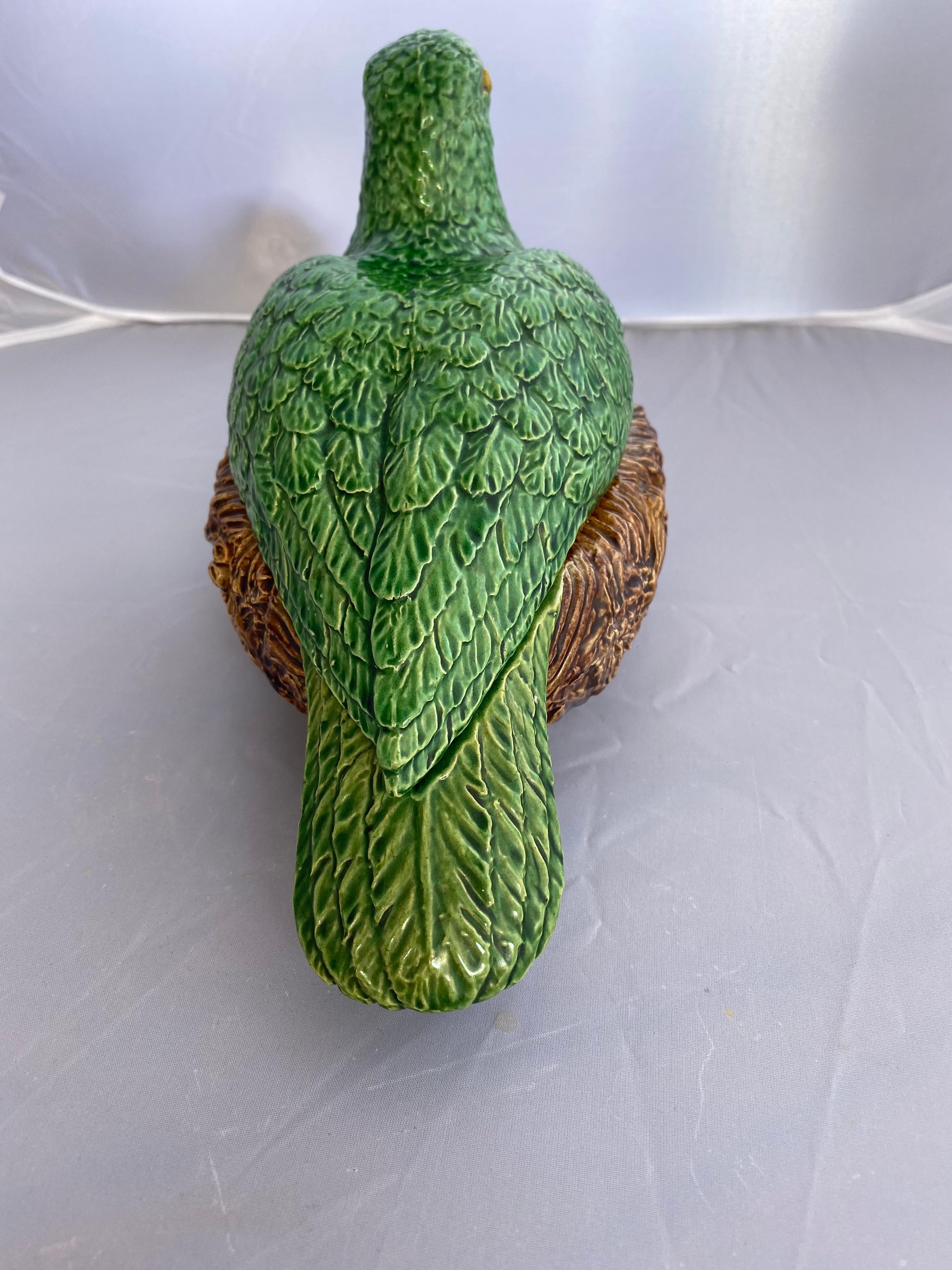 Molded Majolica Palissy Ware Parrot on Nest Lidded Box Signed Bordalo Pinheiro, 1900