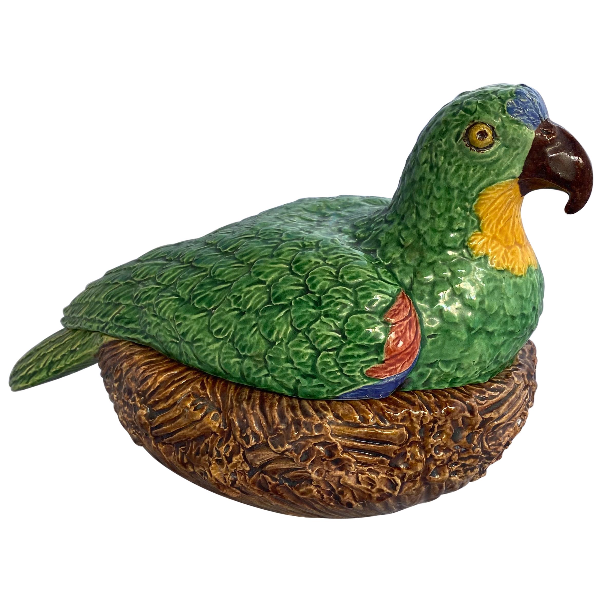 Majolica Palissy Ware Parrot on Nest Lidded Box Signed Bordalo Pinheiro, 1900