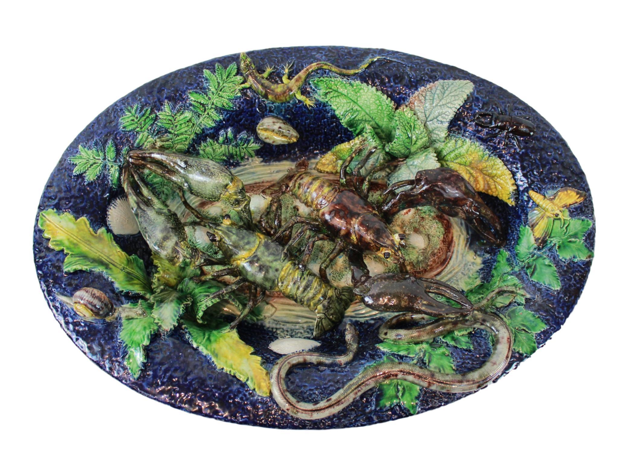 Majolica Palissy Ware Plaque, Victor Benizet, Lobsters Cobalt Blue French 4