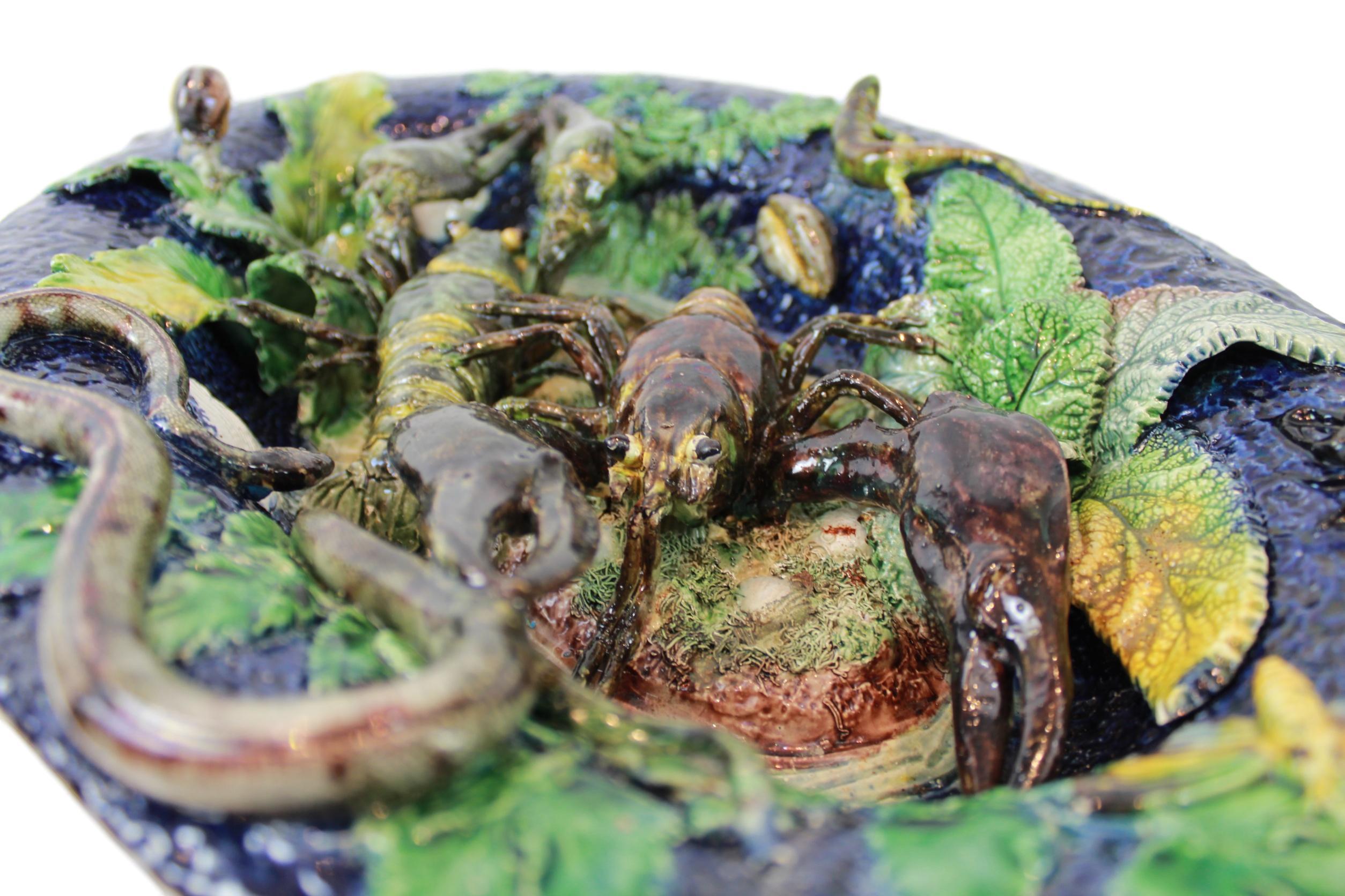 Majolica Palissy Ware Plaque, Victor Benizet, Lobsters Cobalt Blue French 7