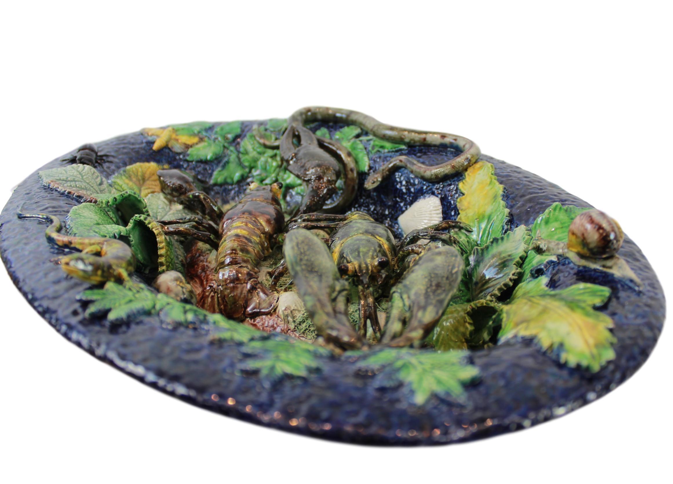 Mid-19th Century Majolica Palissy Ware Plaque, Victor Benizet, Lobsters Cobalt Blue French