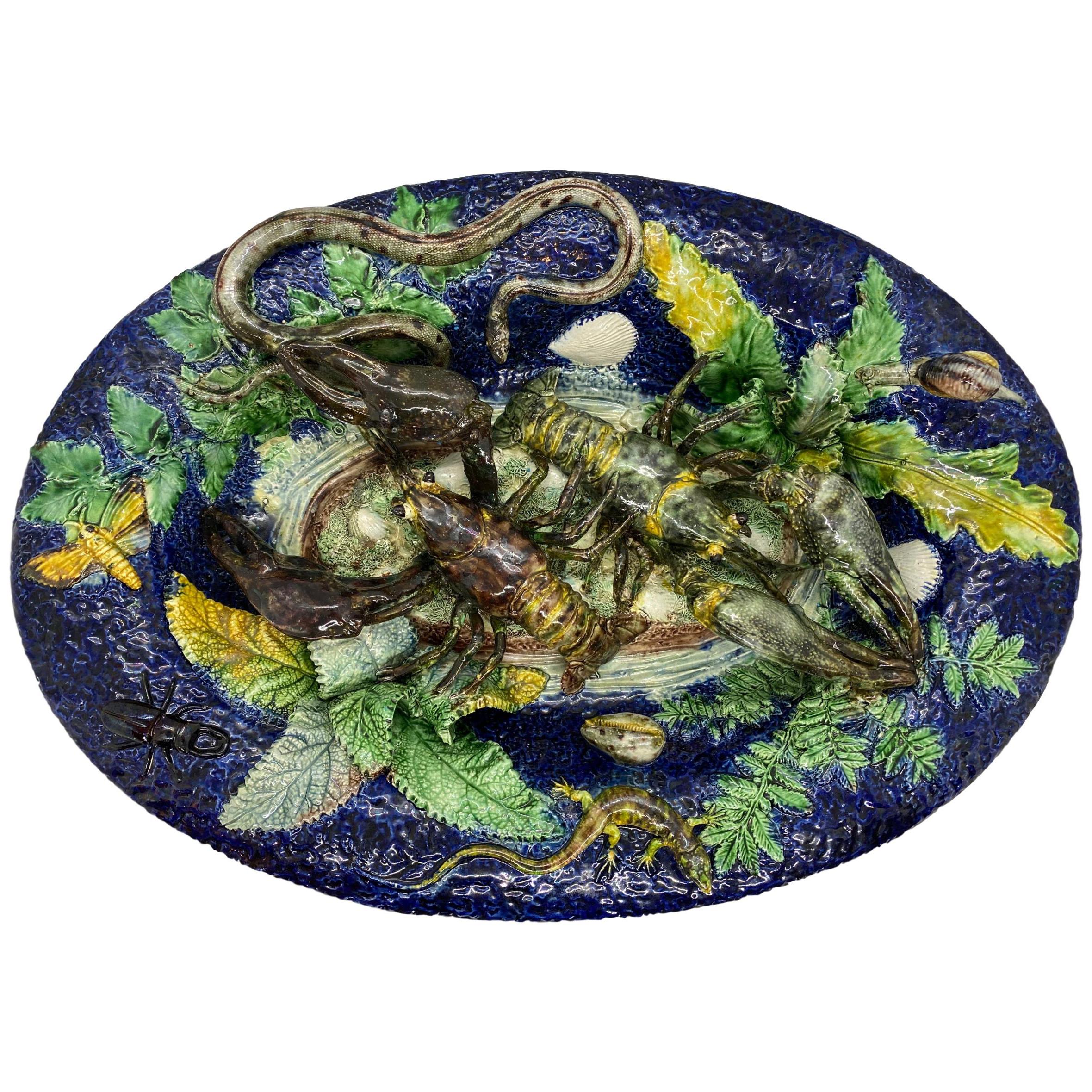 Majolica Palissy Ware Plaque, Victor Benizet, Lobsters Cobalt Blue French