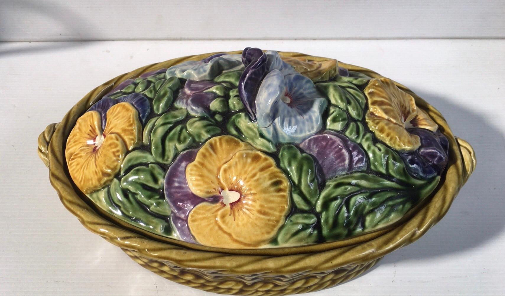 French Majolica Pansies Basket Sarreguemines, circa 1920