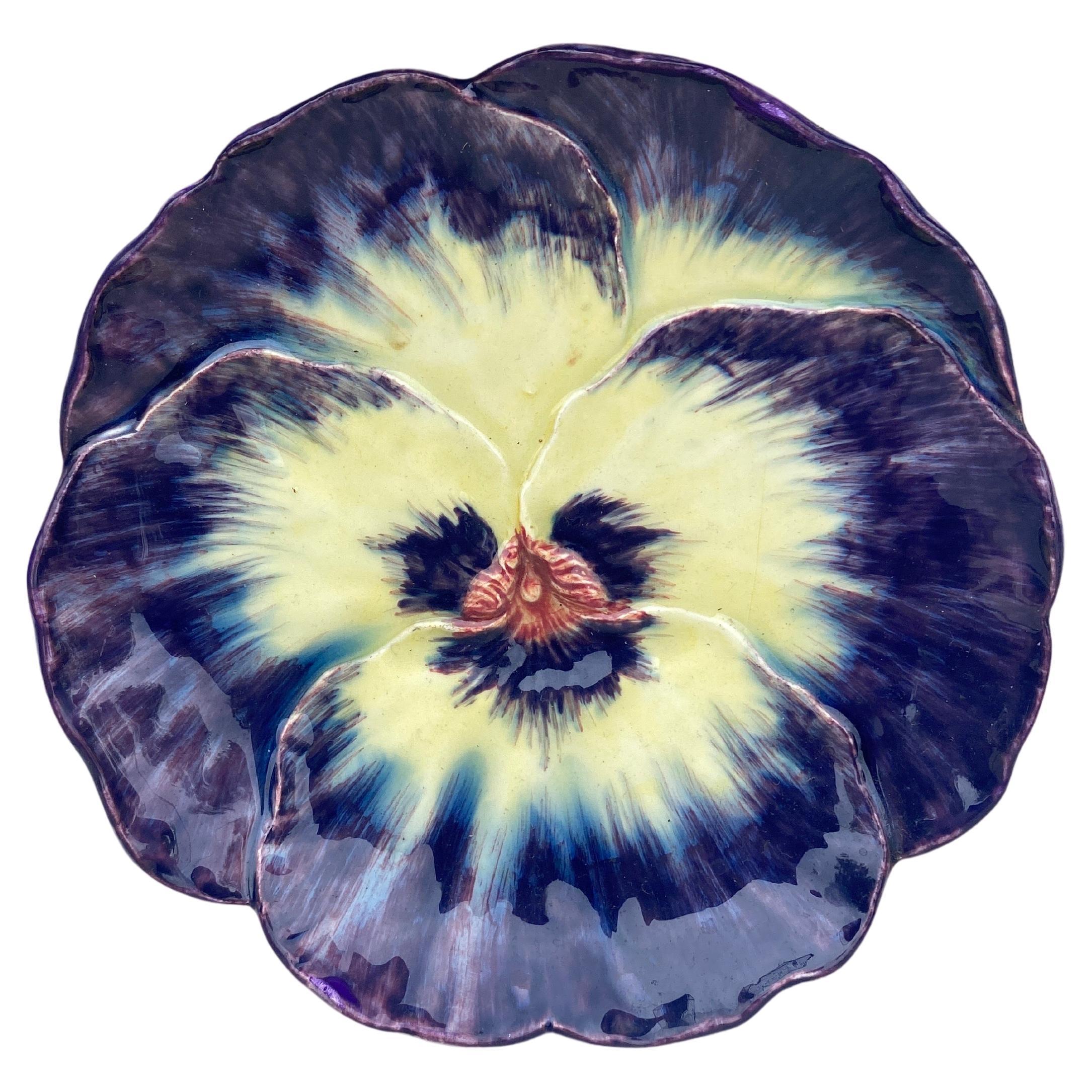 Majolica Pansy Plate Jerome Massier, Circa 1890 For Sale