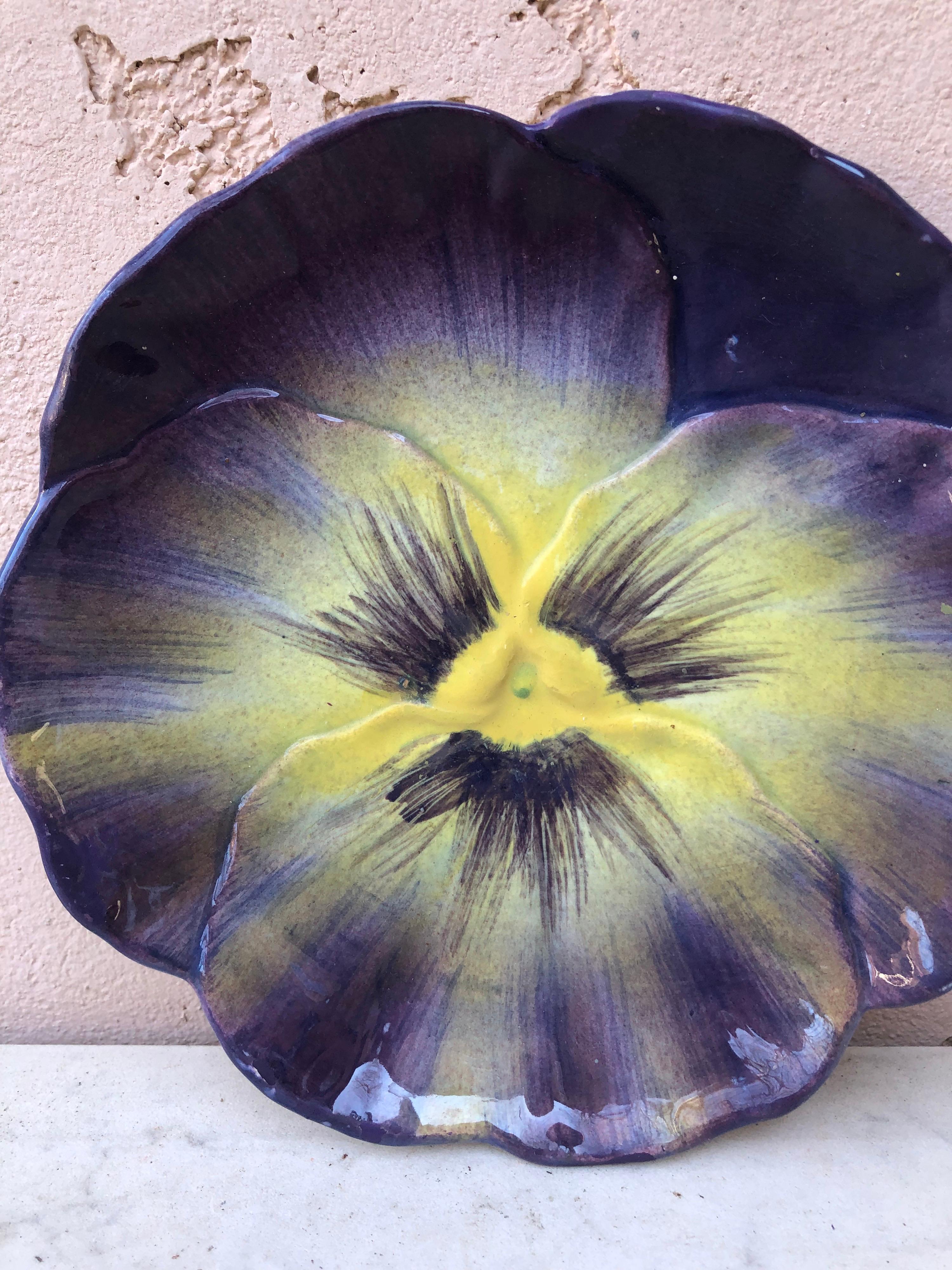 Majolica Pansy plate signed Jerome Massier Vallauris Circa 1900.