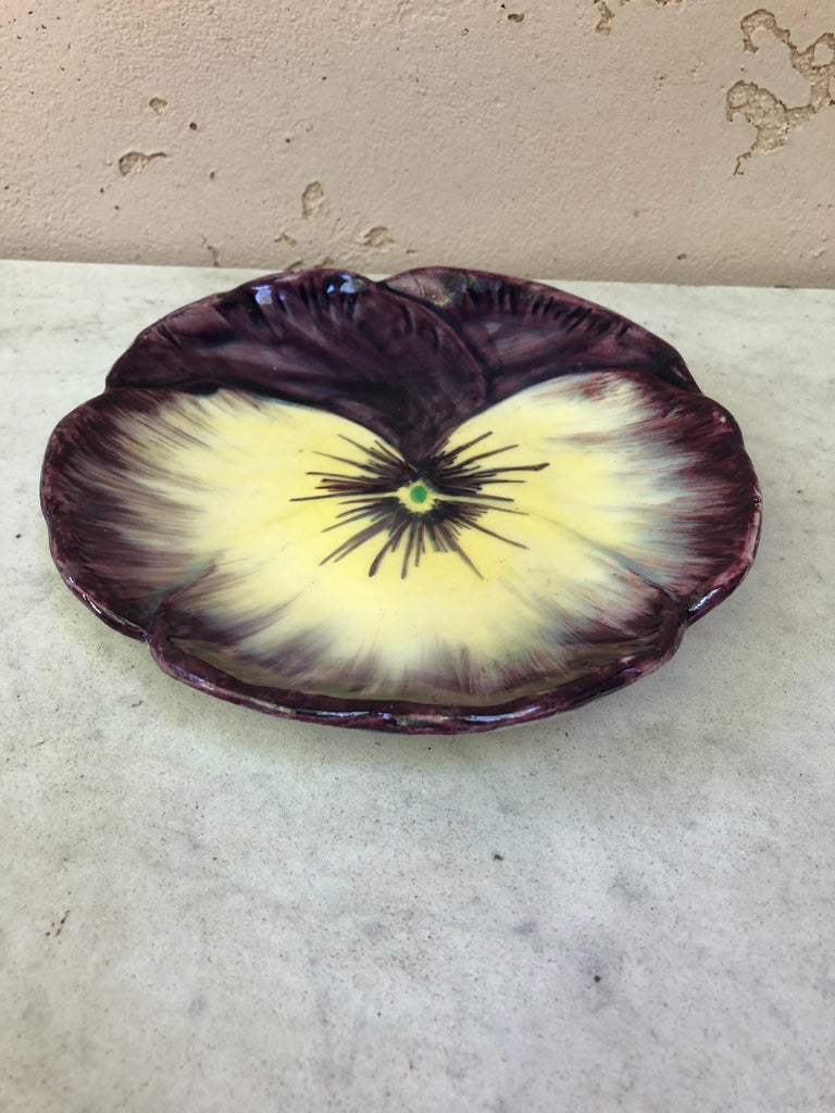 French Majolica Pansy Plate Jerome Massier, Circa 1900