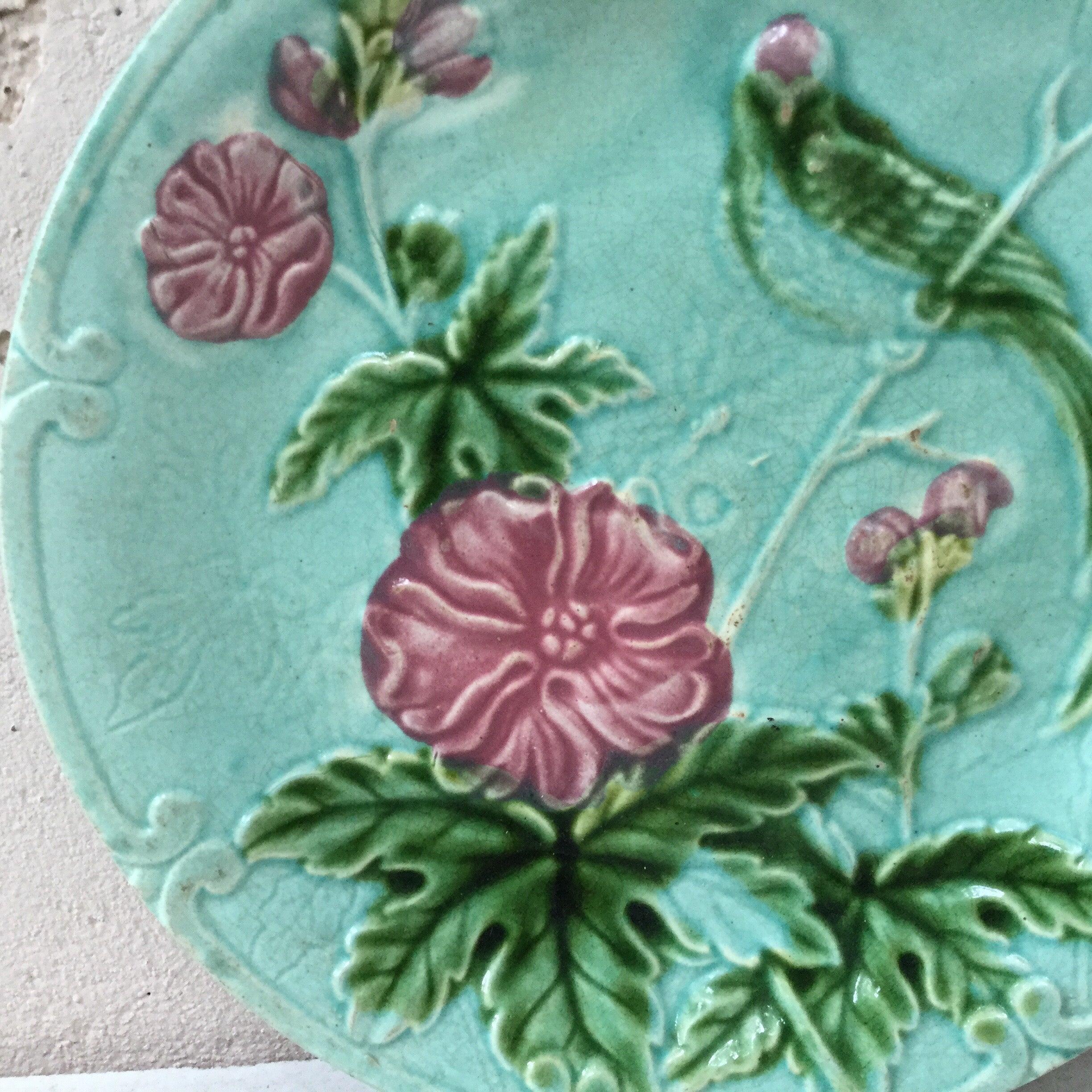 French Majolica paradise bird and pink flowers signed Salins, circa 1890.