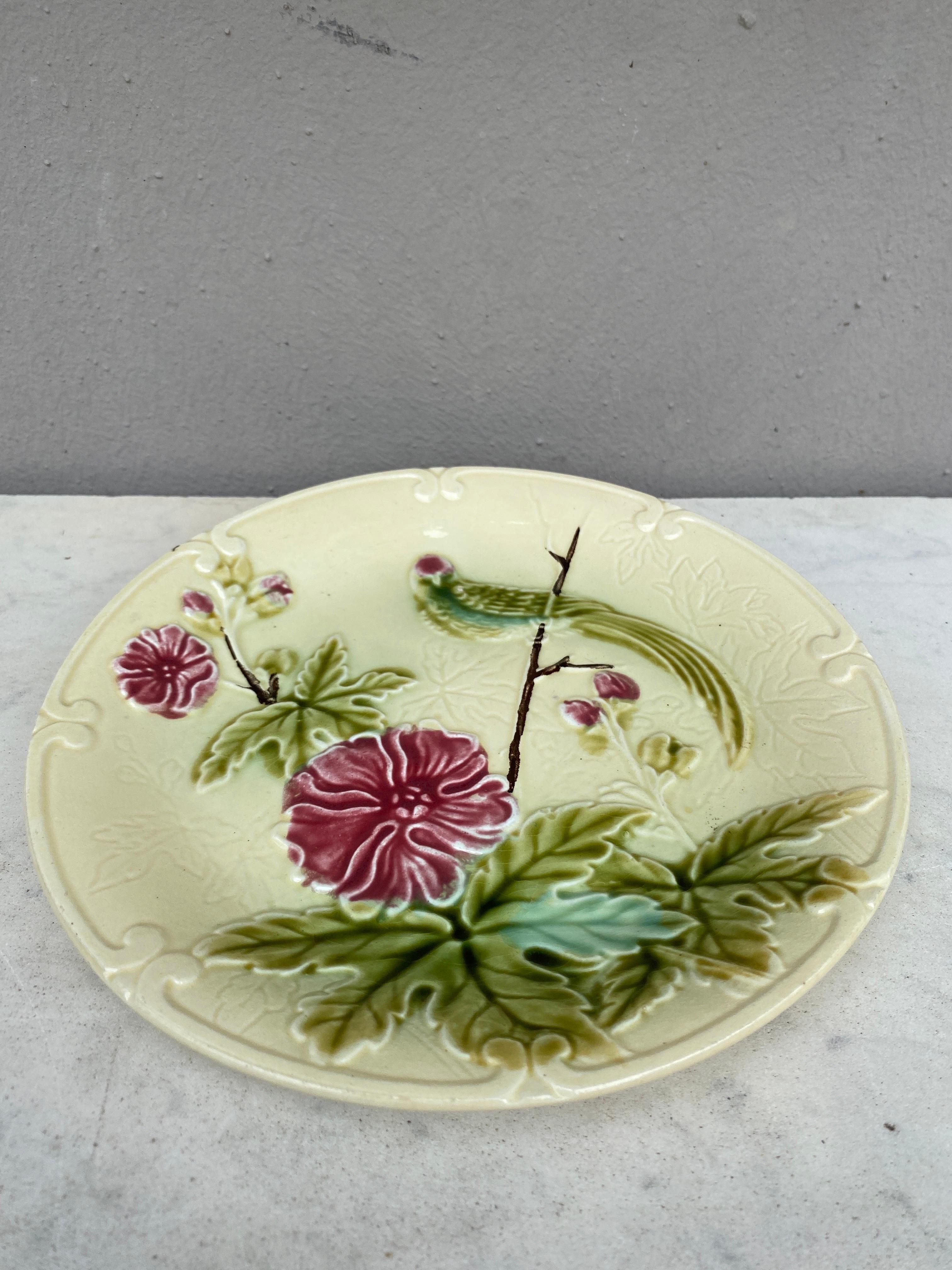 Majolica Paradise bird & flowers Salins plate, circa 1890.
