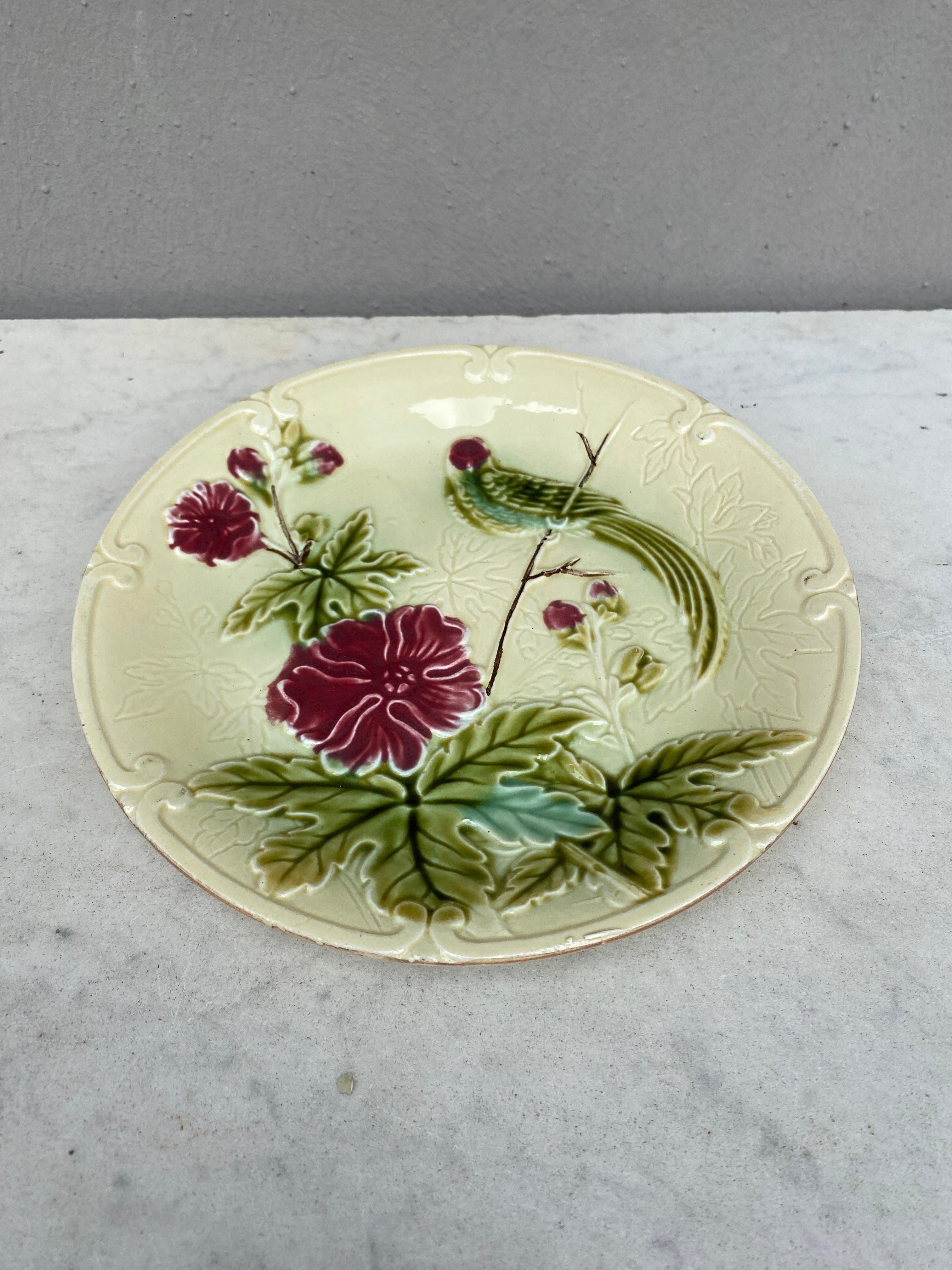 Majolica Paradise bird & flowers Salins plate, circa 1890.