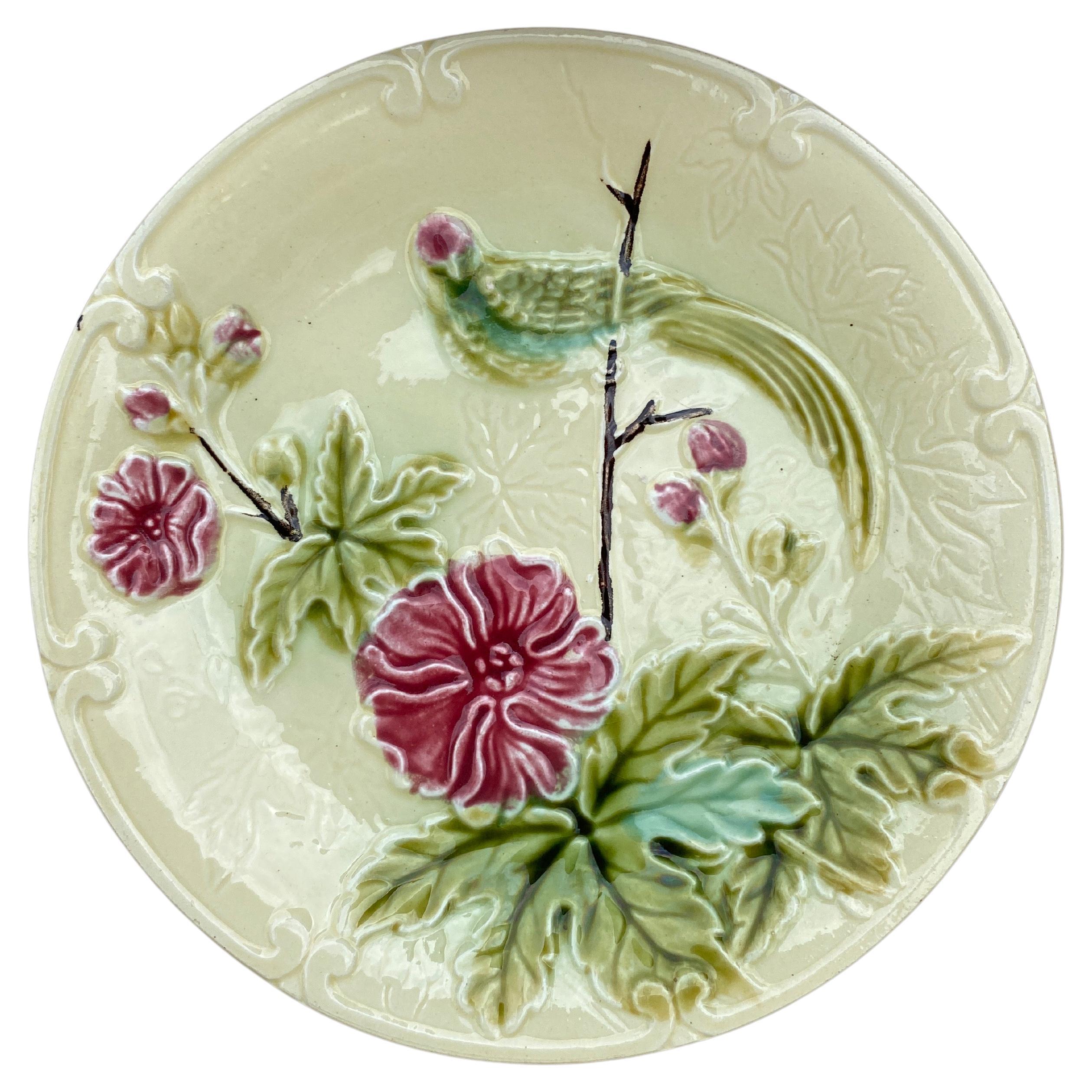 Aesthetic Movement Majolica Paradise Bird & Flowers Salins Plate, circa 1890 For Sale