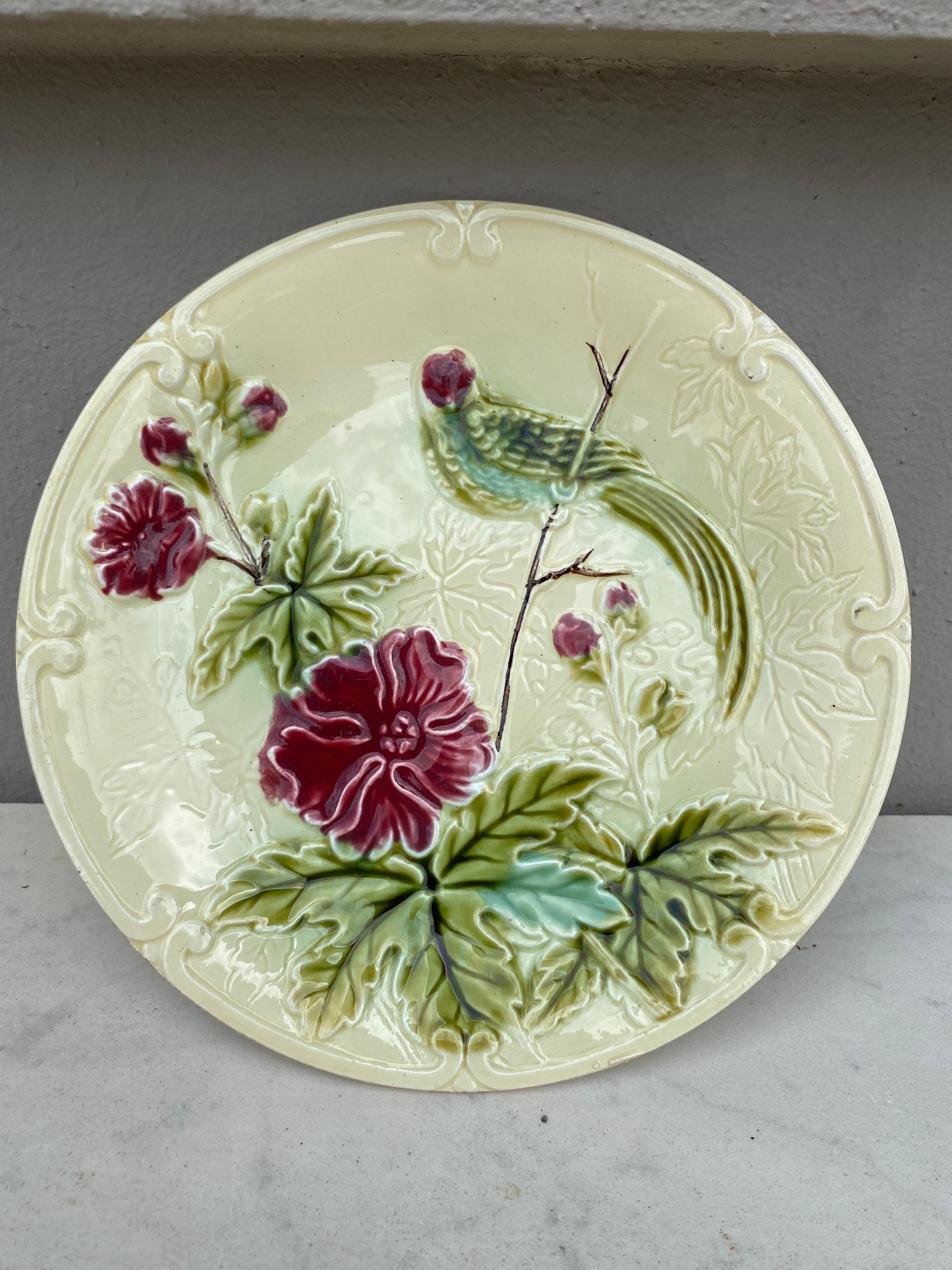 French Provincial Majolica Paradise Bird & Flowers Salins Plate, circa 1890 For Sale