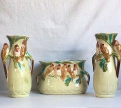 Majolica Parakeets Garniture Set Vases & Jardinière Sarreguemines, circa 1880