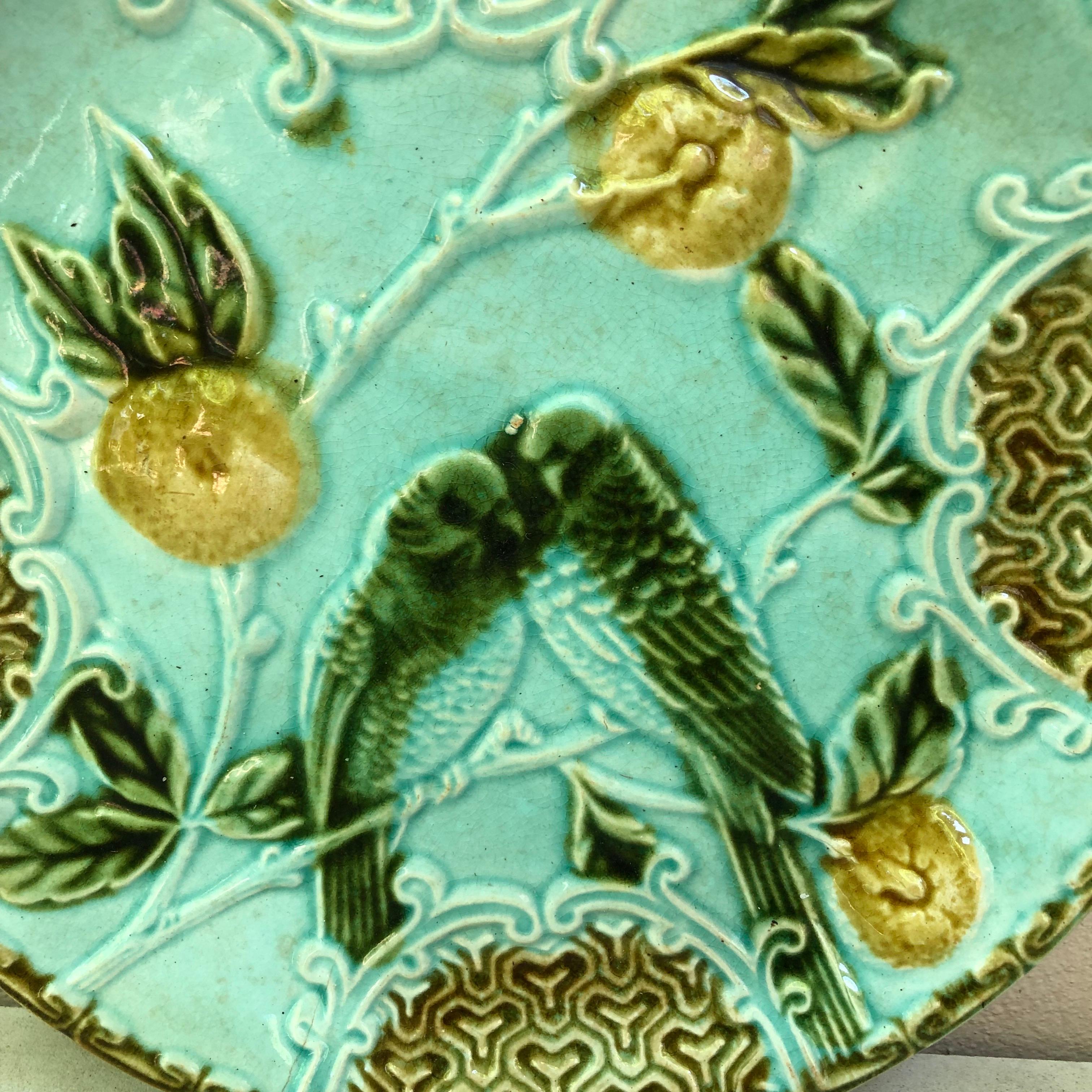 Majolika Teller zwei Sittiche auf blauem Grund mit Orangen signiert Salins, um 1890.
 