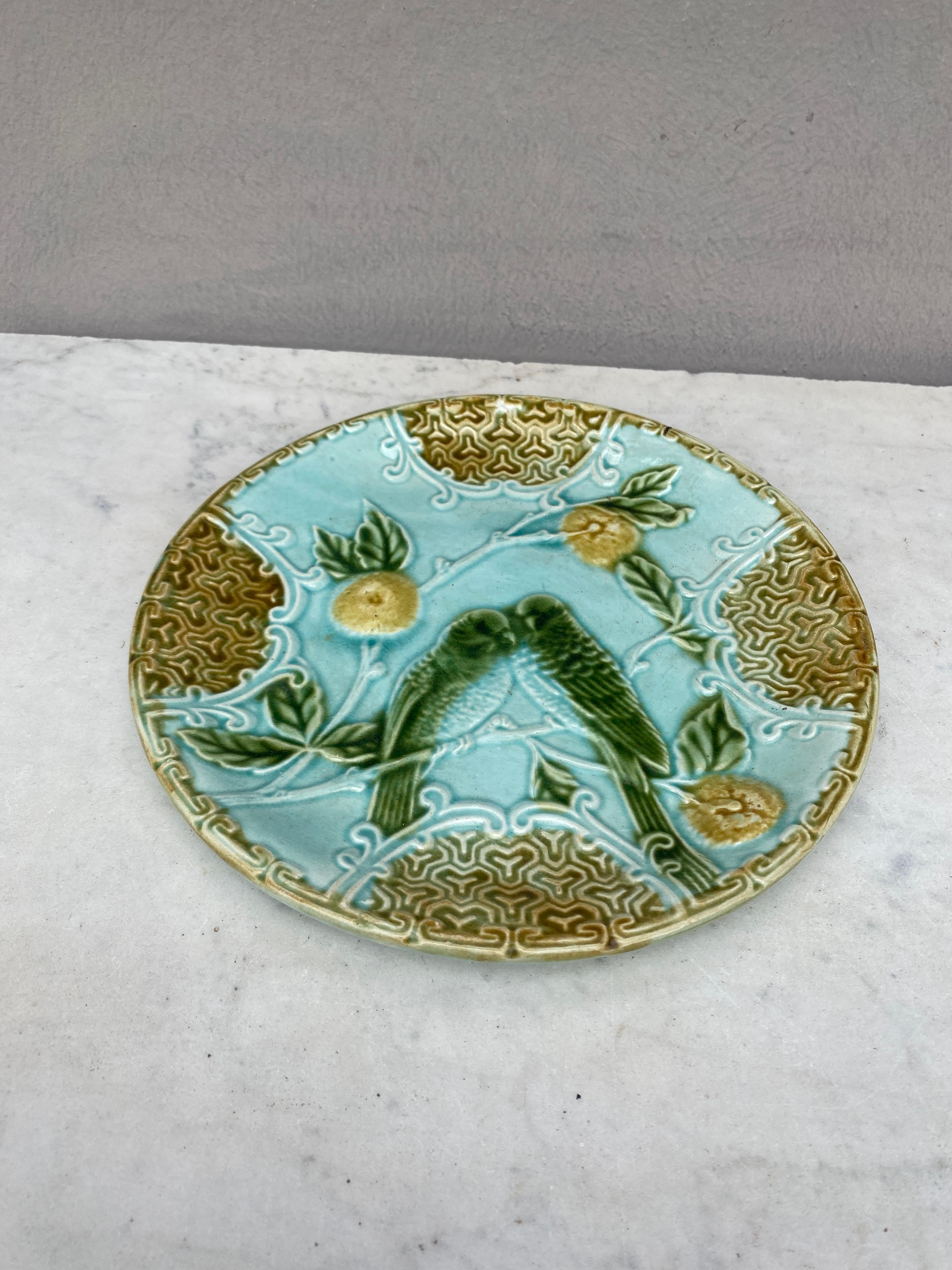 Majolika Teller zwei Sittiche auf blauem Grund mit Orangen signiert Salins, um 1890.
 
